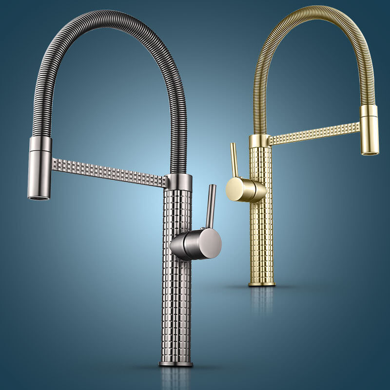 Diseño de Resorte Homelody Monomando Doble salida Grifo Cocina Extraible Latón Rotación 360 ° Gold