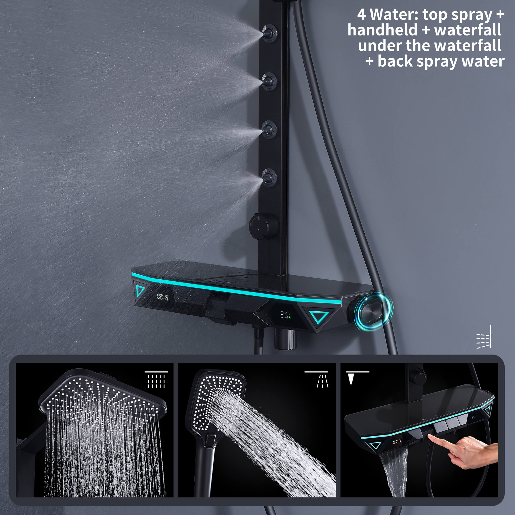 Homelody 38 ℃ Sistema de ducha termostática con pantalla digital y plato de almacenamiento con mezclador de baño para y rociador giratorio de 360°, luz ambiental