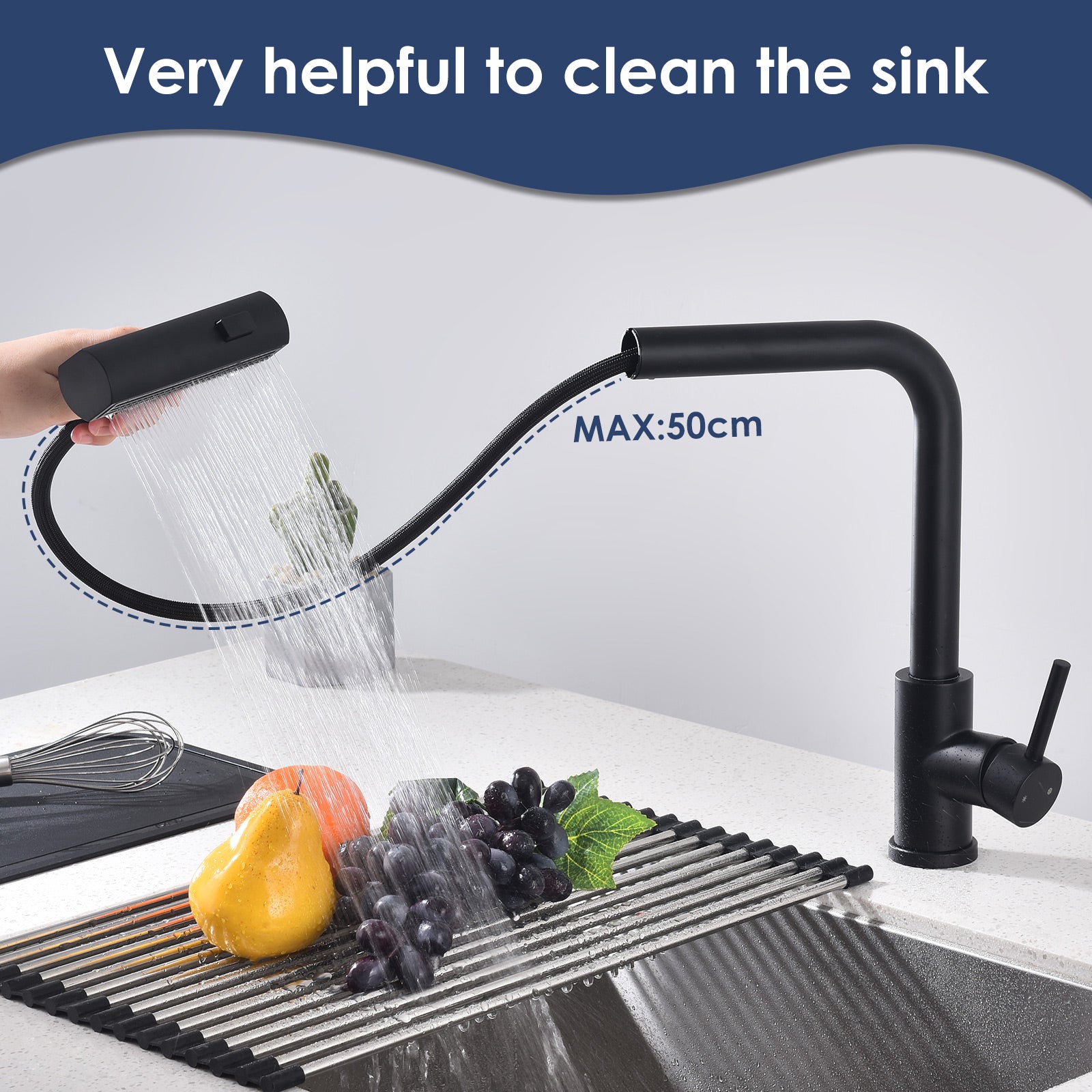 Homelody Grifo de cocina negro con mezclador de fregadero con rociador extraíble con 3 modos de rociado, grifo de cocina monomando, giratorio 360°