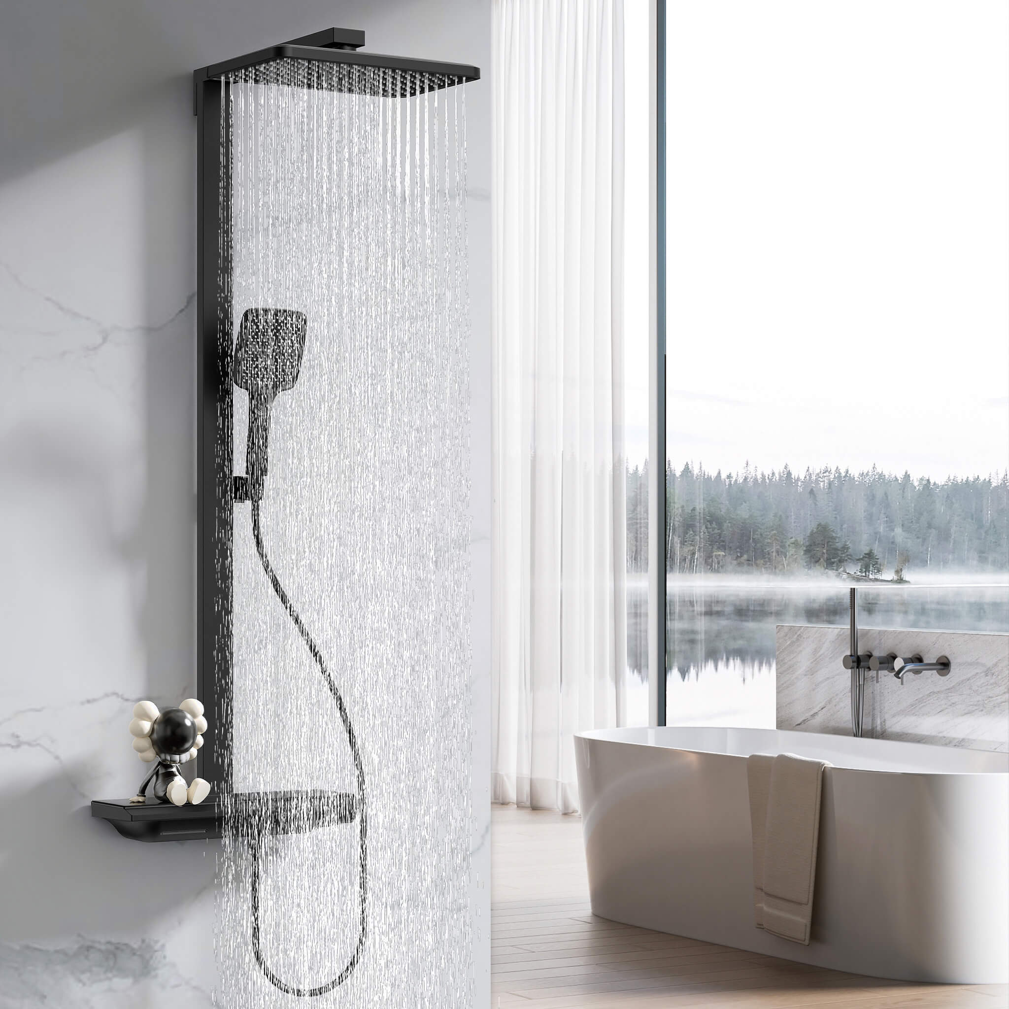 HOMELODY Sistema de ducha con termostato y estante de cristal, juego completo, ducha de mano con 3 tipos de chorro, ducha de lluvia con grifo, juego de columna de ducha
