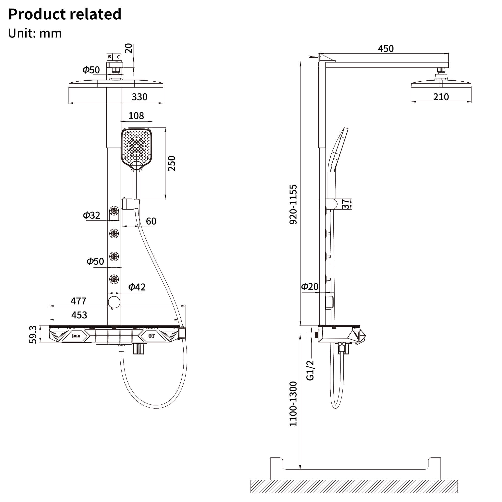 Homelody 38 ℃ Sistema de ducha termostática con pantalla digital y plato de almacenamiento con mezclador de baño para y rociador giratorio de 360°, luz ambiental