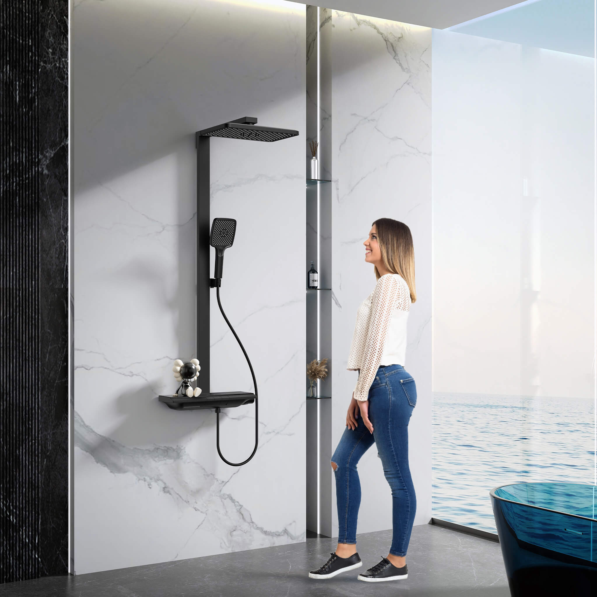 HOMELODY Sistema de ducha con termostato y estante de cristal, juego completo, ducha de mano con 3 tipos de chorro, ducha de lluvia con grifo, juego de columna de ducha