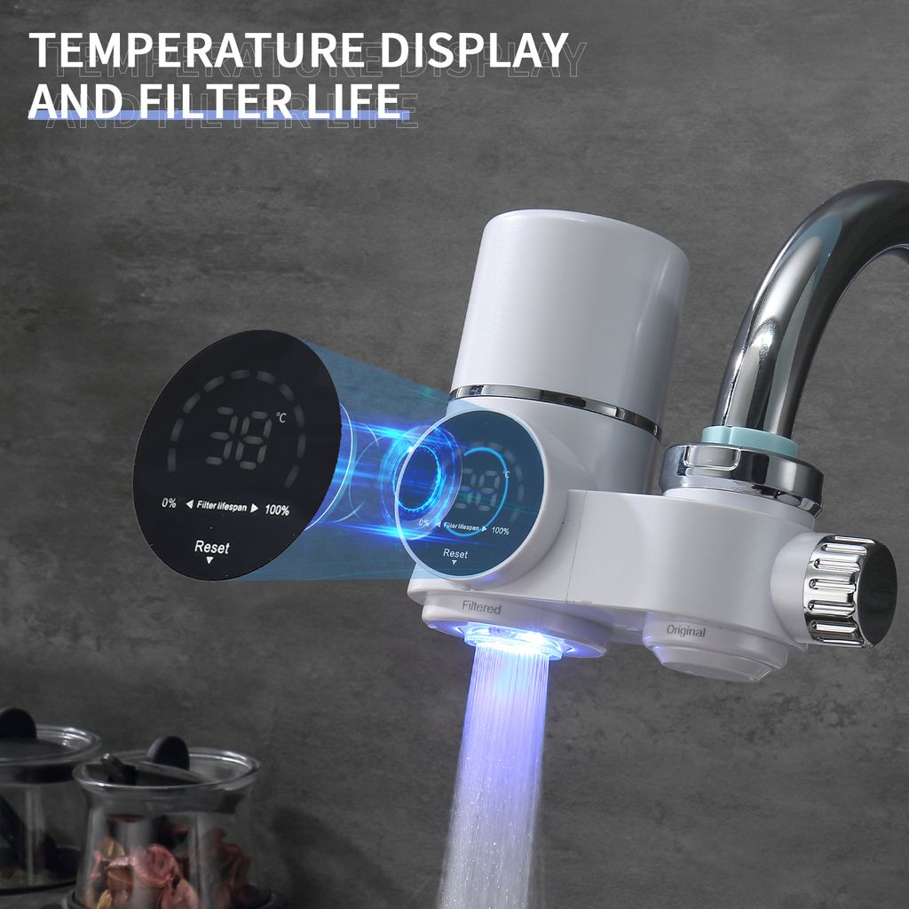HOMELODY Filtro de agua para grifo con pantalla LED para fregadero, purificador de agua con carbón activado para baño, cocina