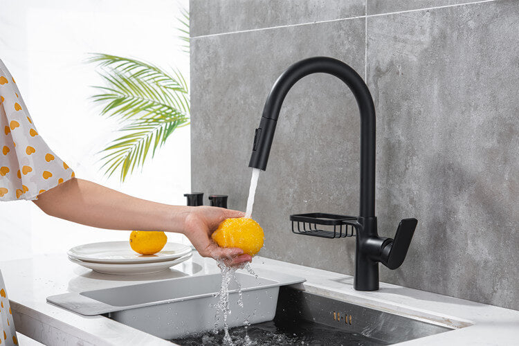 HOMELODY Negro Giratorio a 360º Grifo de Cocina Extraíble con 2 Funciones Ducha de Acero Inoxidable y bastidores de almacenamiento