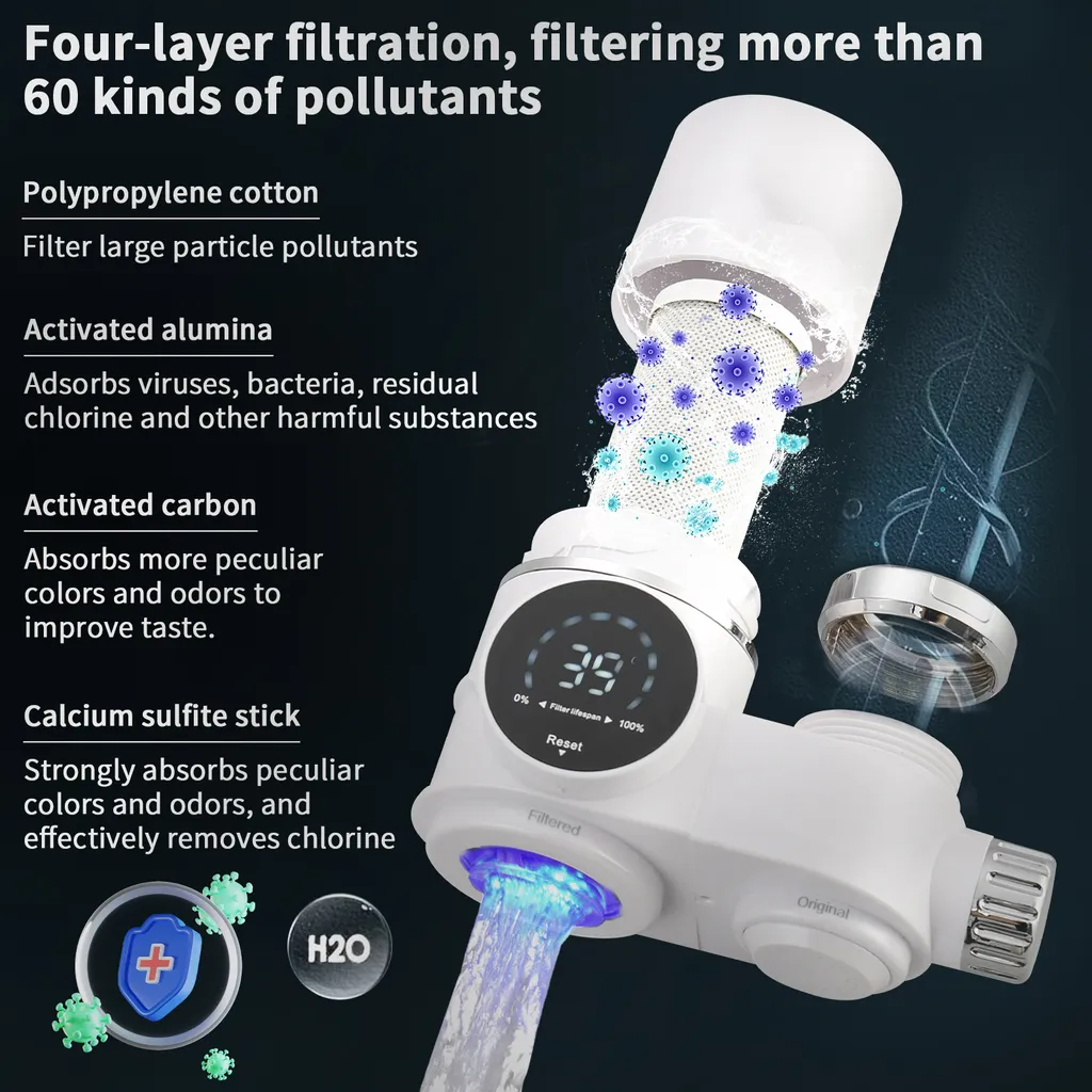 HOMELODY Filtro de agua para grifo con pantalla LED para fregadero, purificador de agua con carbón activado para baño, cocina