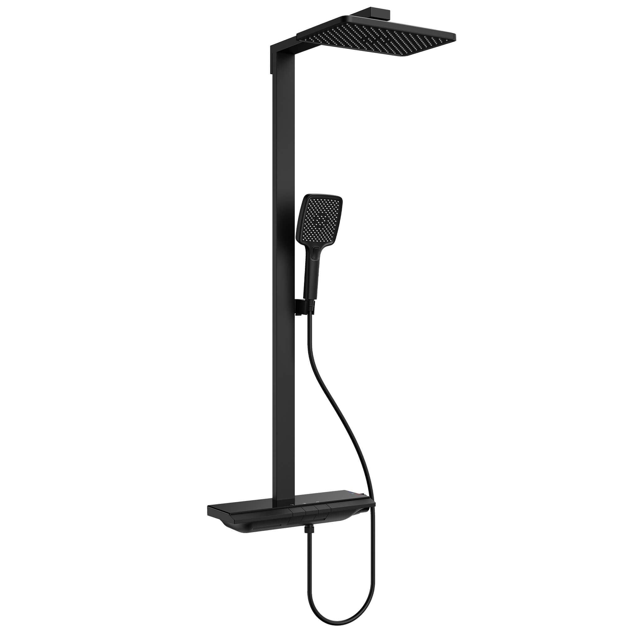 HOMELODY Sistema de ducha con termostato y estante de cristal, juego completo, ducha de mano con 3 tipos de chorro, ducha de lluvia con grifo, juego de columna de ducha