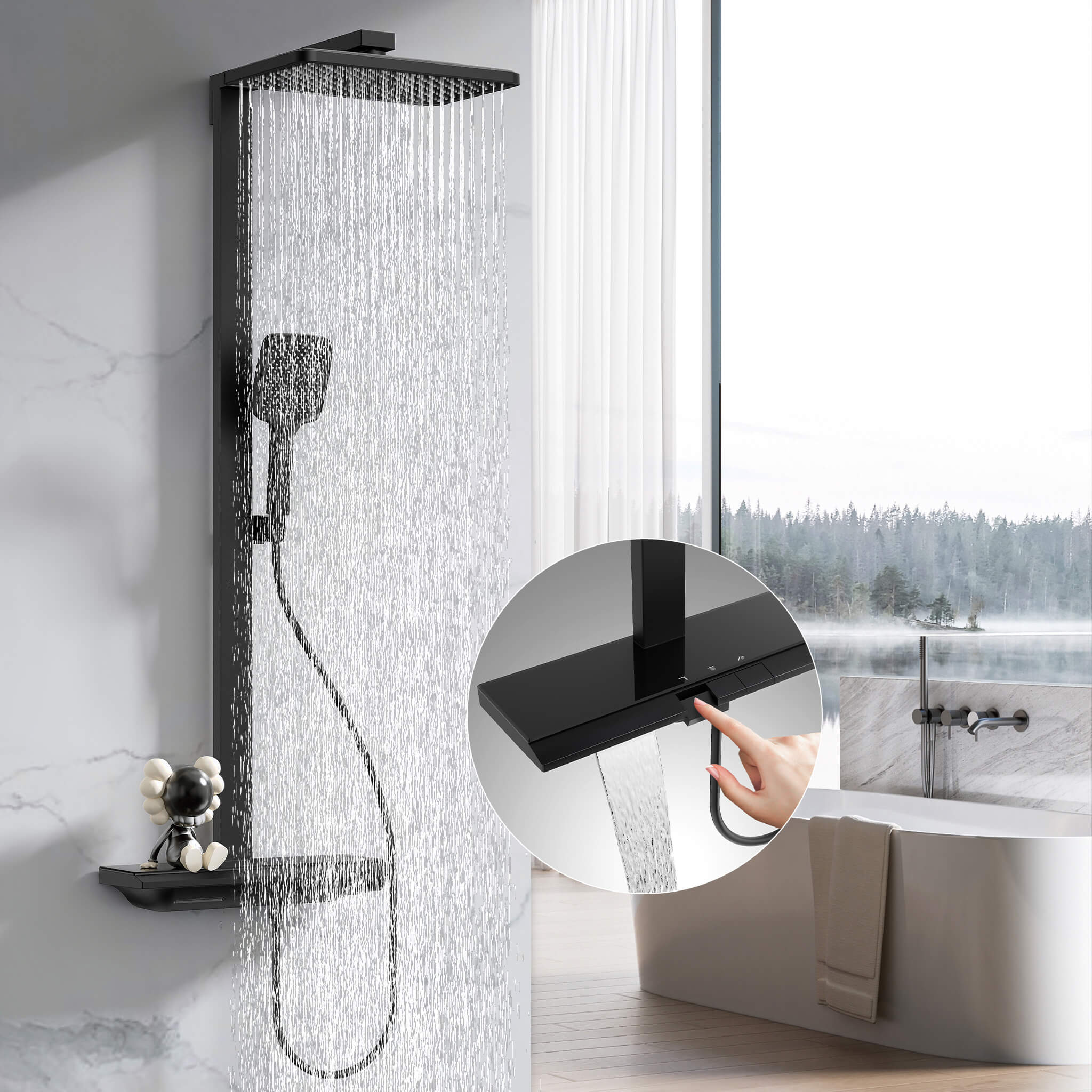 HOMELODY Sistema de ducha con termostato y estante de cristal, juego completo, ducha de mano con 3 tipos de chorro, ducha de lluvia con grifo, juego de columna de ducha