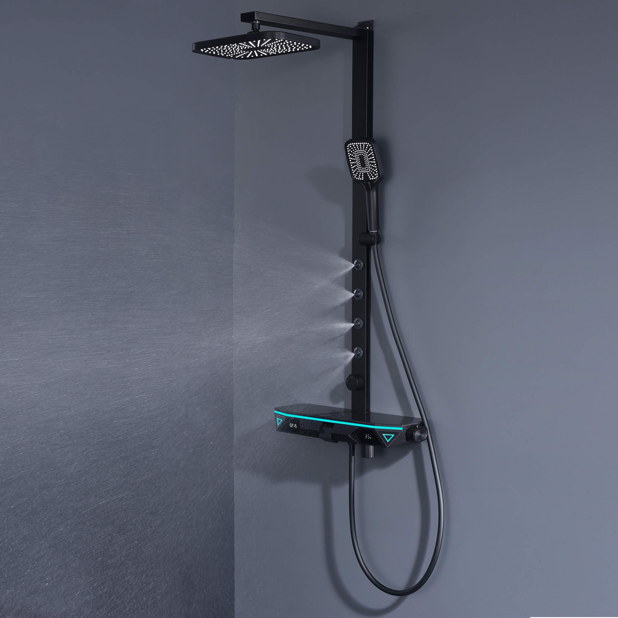 Homelody 38 ℃ Sistema de ducha termostática con pantalla digital y plato de almacenamiento con mezclador de baño para y rociador giratorio de 360°, luz ambiental