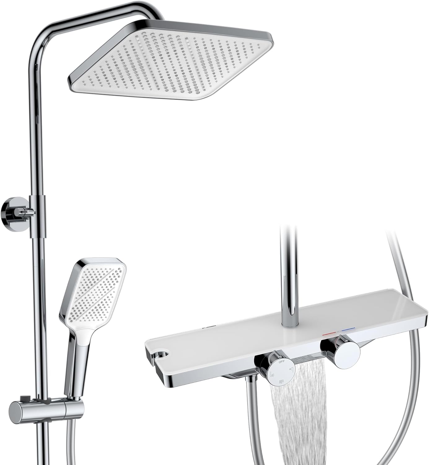 HOMELODY Sistema de ducha con termostato y estante de cristal, juego completo de grifo de ducha de 30 cm, 3 tipos de chorro y caño inferior