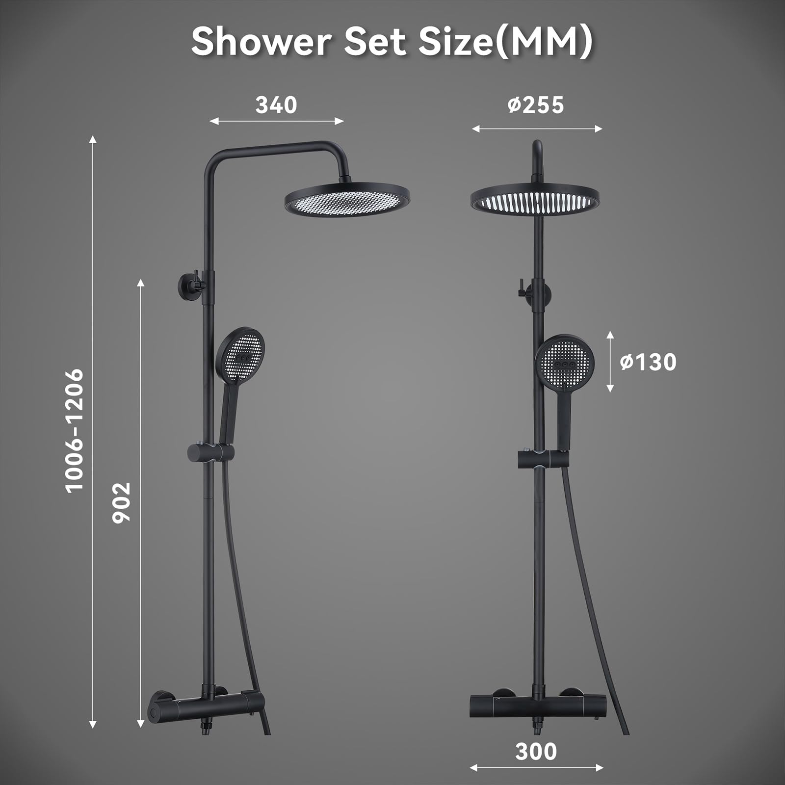 HOMELODY Sistema de ducha con termostato, color negro, juego completo con 3 tipos de chorro, cabezal de ducha redondo, ducha de lluvia con grifo, 30 cm