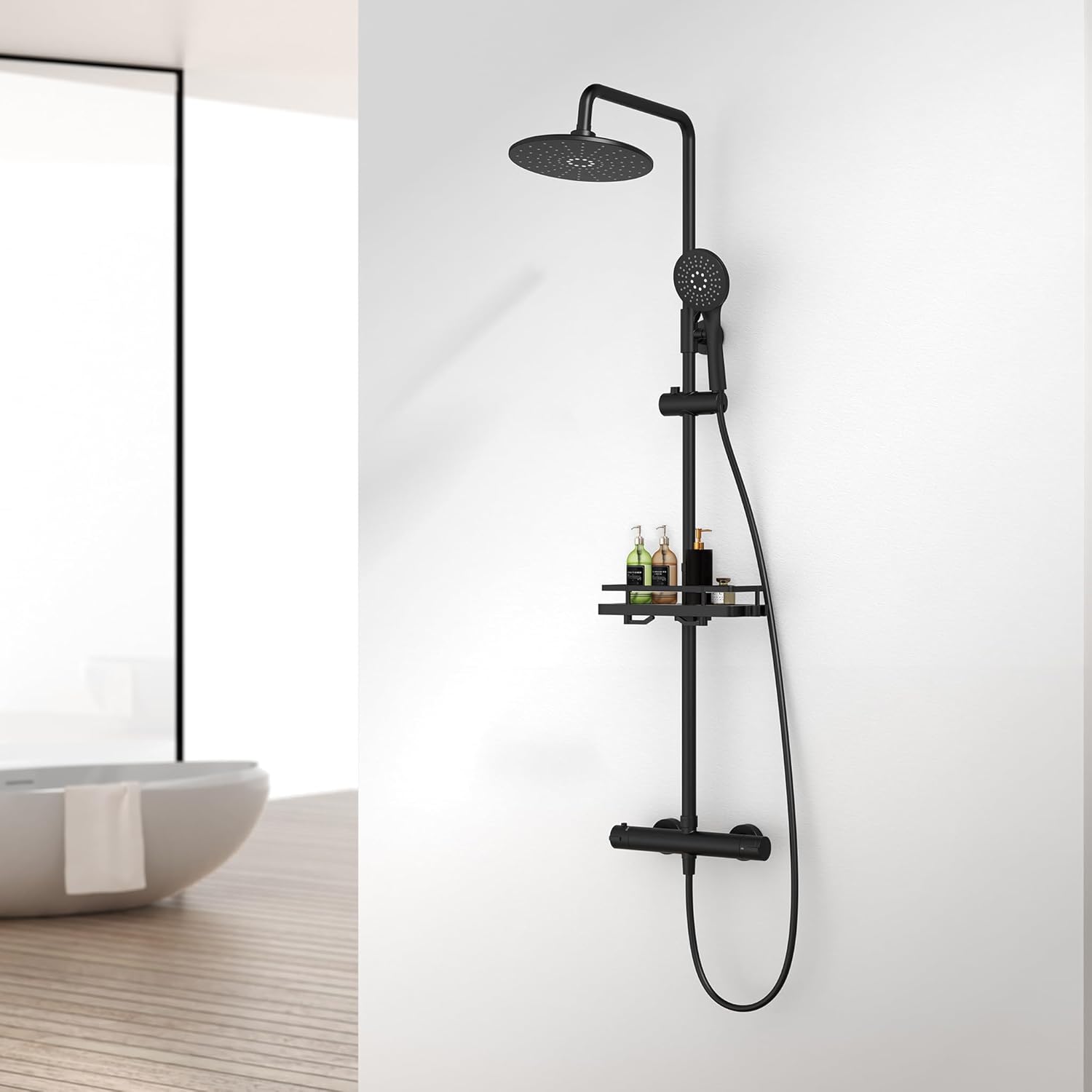 HOMELODY Sistema de ducha con termostato, color negro, juego completo redondo