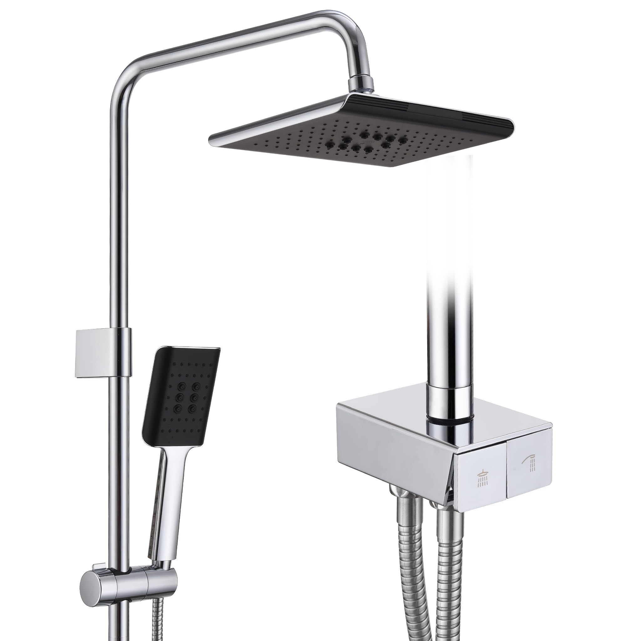 HOMELODY Sistema de ducha sin grifería, color negro, grifo de ducha de lluvia de acero inoxidable, juego de ducha rectangular, columna de ducha ajustable con cabezal de ducha de 20 x 20 cm