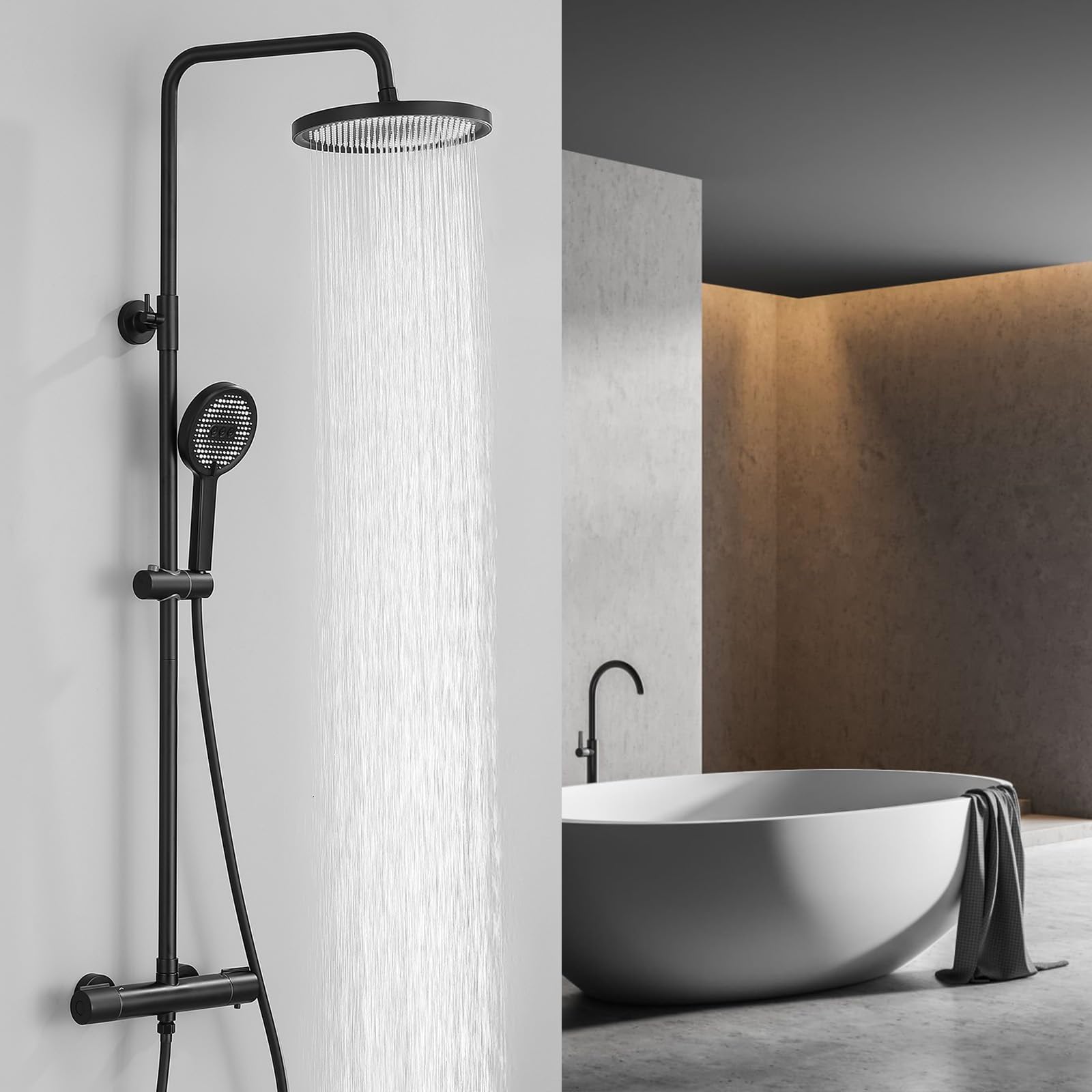 HOMELODY Sistema de ducha con termostato, color negro, juego completo con 3 tipos de chorro, cabezal de ducha redondo, ducha de lluvia con grifo, 30 cm