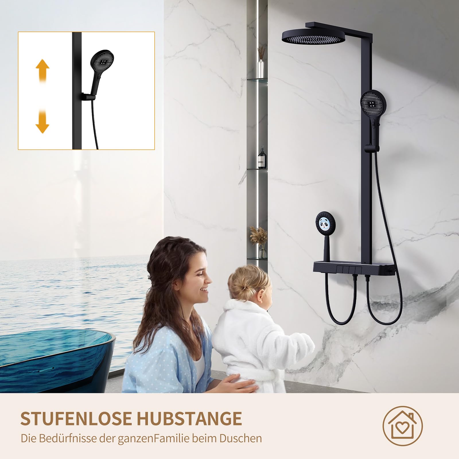 HOMELODY Sistema de ducha termostático con estante, ducha de lluvia y ducha de mano, juego de alcachofa de ducha, altura ajustable, negro, plástico ABS