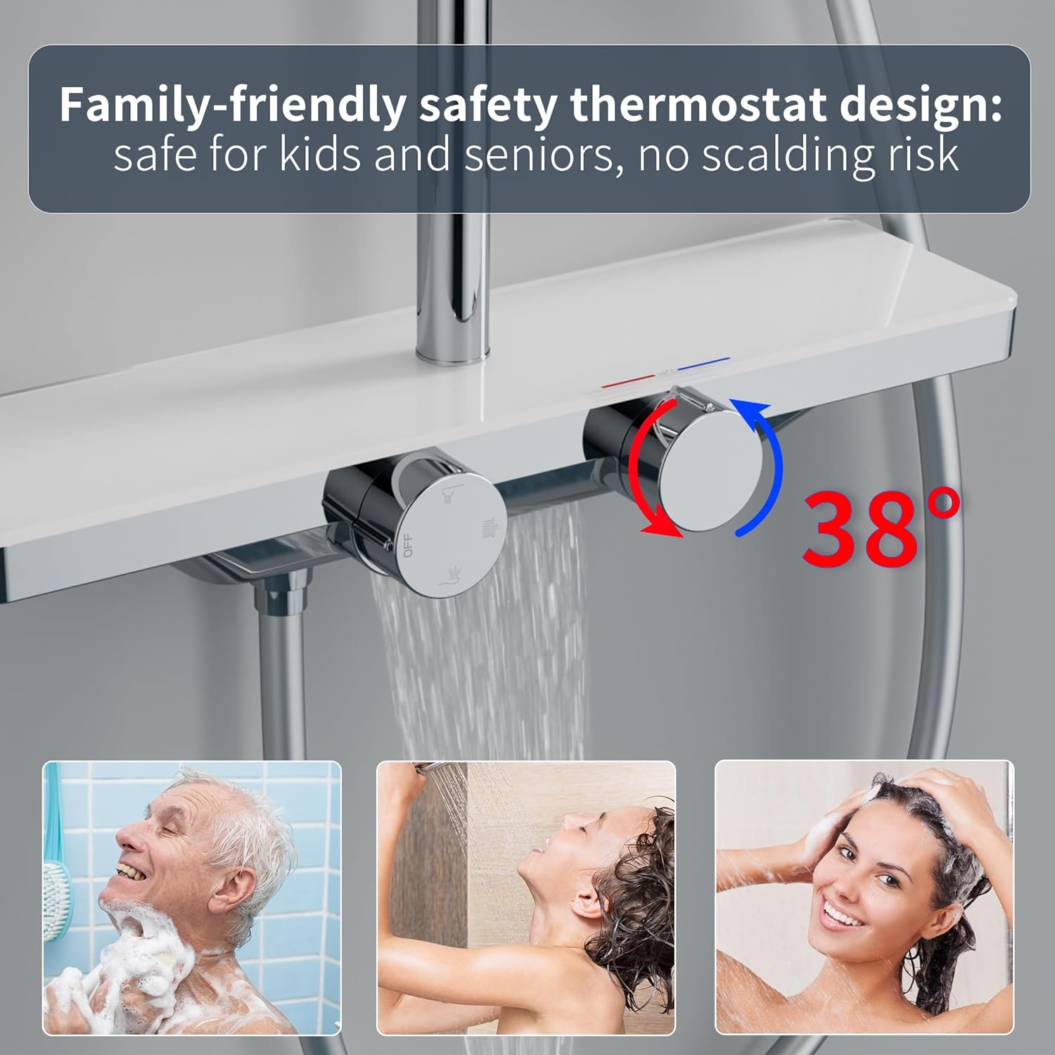 HOMELODY Sistema de ducha con termostato y estante de cristal, juego completo de grifo de ducha de 30 cm, 3 tipos de chorro y caño inferior