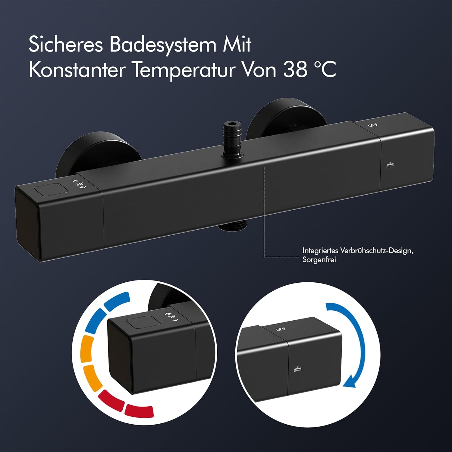 HOMELODY Sistema de ducha con termostato y estante de ducha, color negro– Altura regulable, bloqueo de seguridad de 38 °C