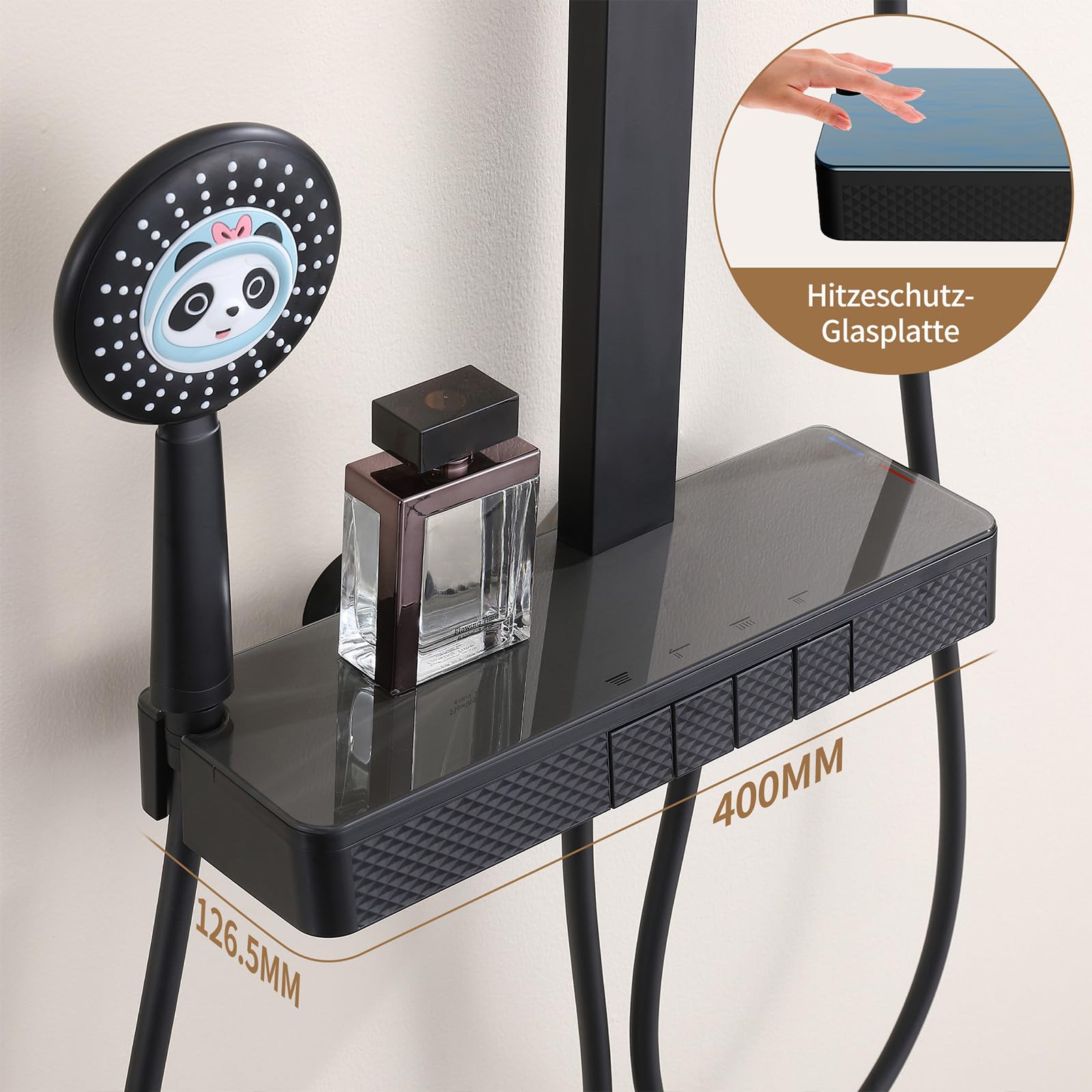 HOMELODY Sistema de ducha termostático con estante, ducha de lluvia y ducha de mano, juego de alcachofa de ducha, altura ajustable, negro, plástico ABS