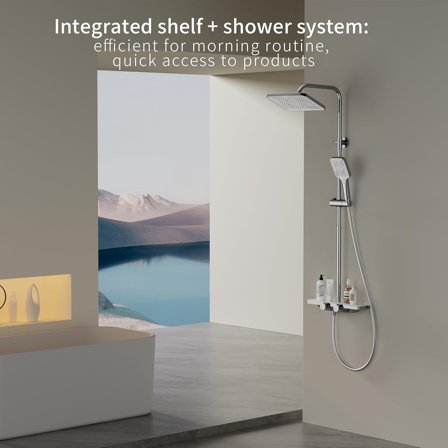 HOMELODY Sistema de ducha con termostato y estante de cristal, juego completo de grifo de ducha de 30 cm, 3 tipos de chorro y caño inferior