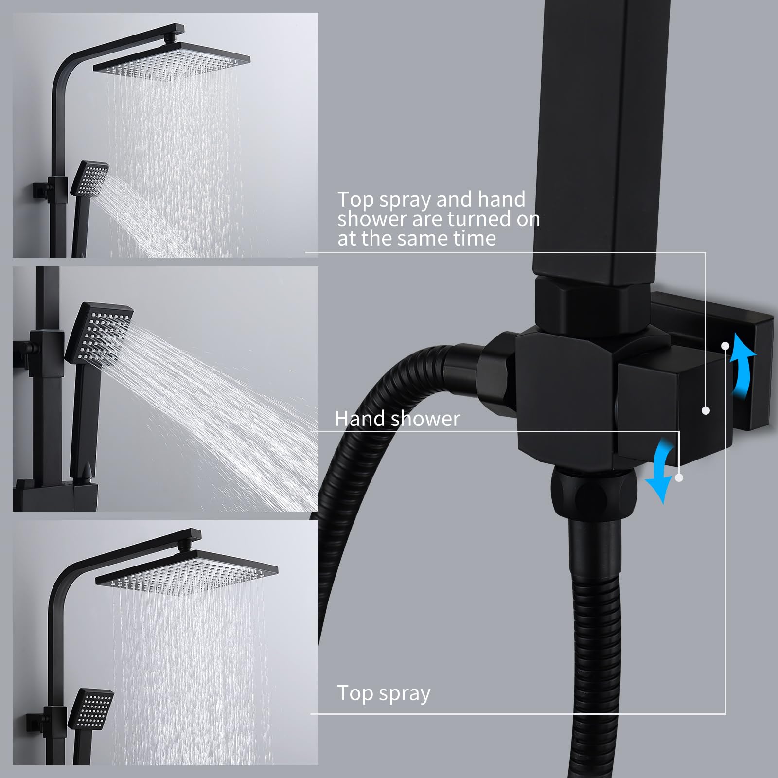 HOMELODY Sistema de ducha negro sin grifo, mezclador de ducha tipo lluvia, grifo de ducha de acero inoxidable sin grifo, juego de ducha y columna de ducha ajustable en ángulo con rociador para baño