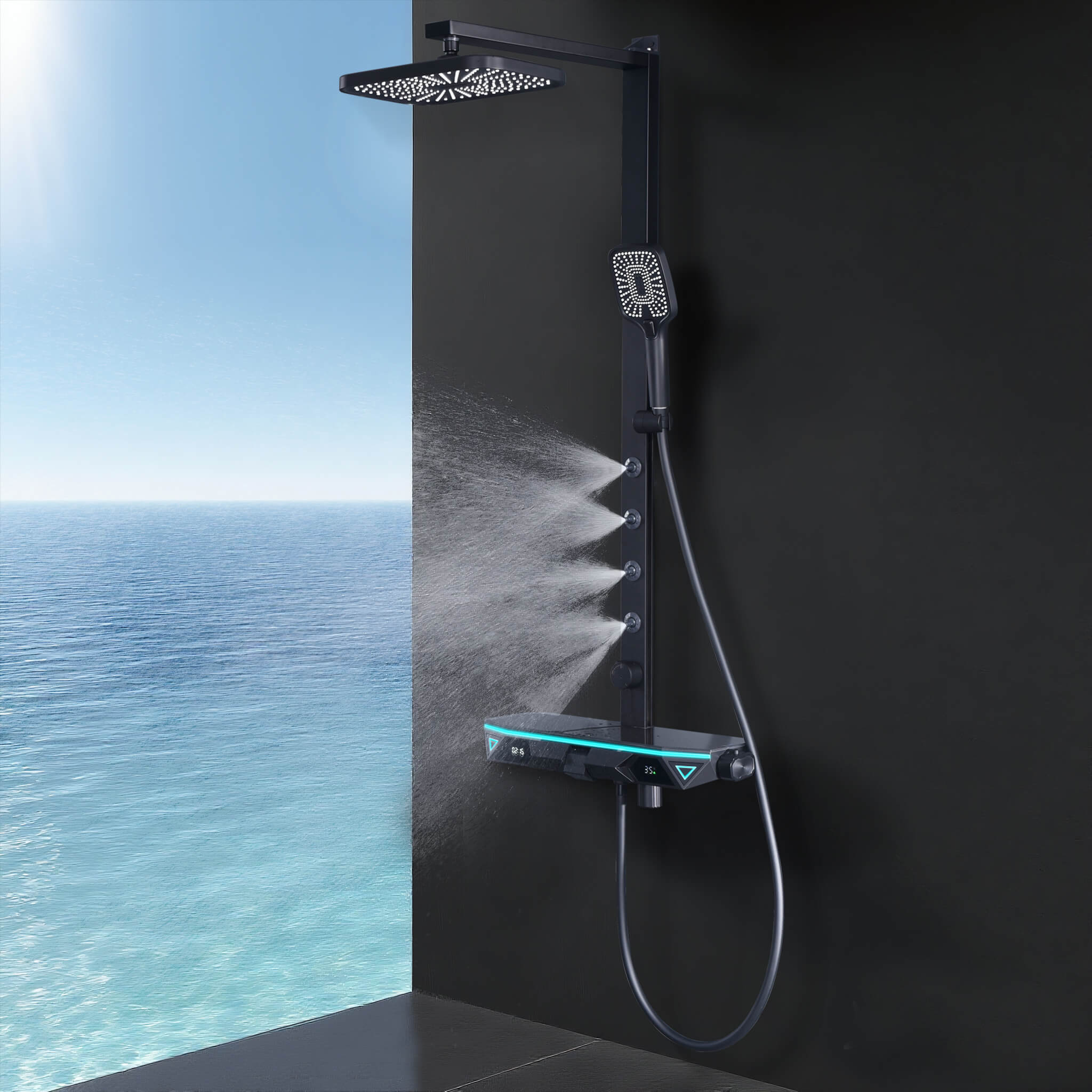 Homelody 38 ℃ Sistema de ducha termostática con pantalla digital y plato de almacenamiento con mezclador de baño para y rociador giratorio de 360°, luz ambiental