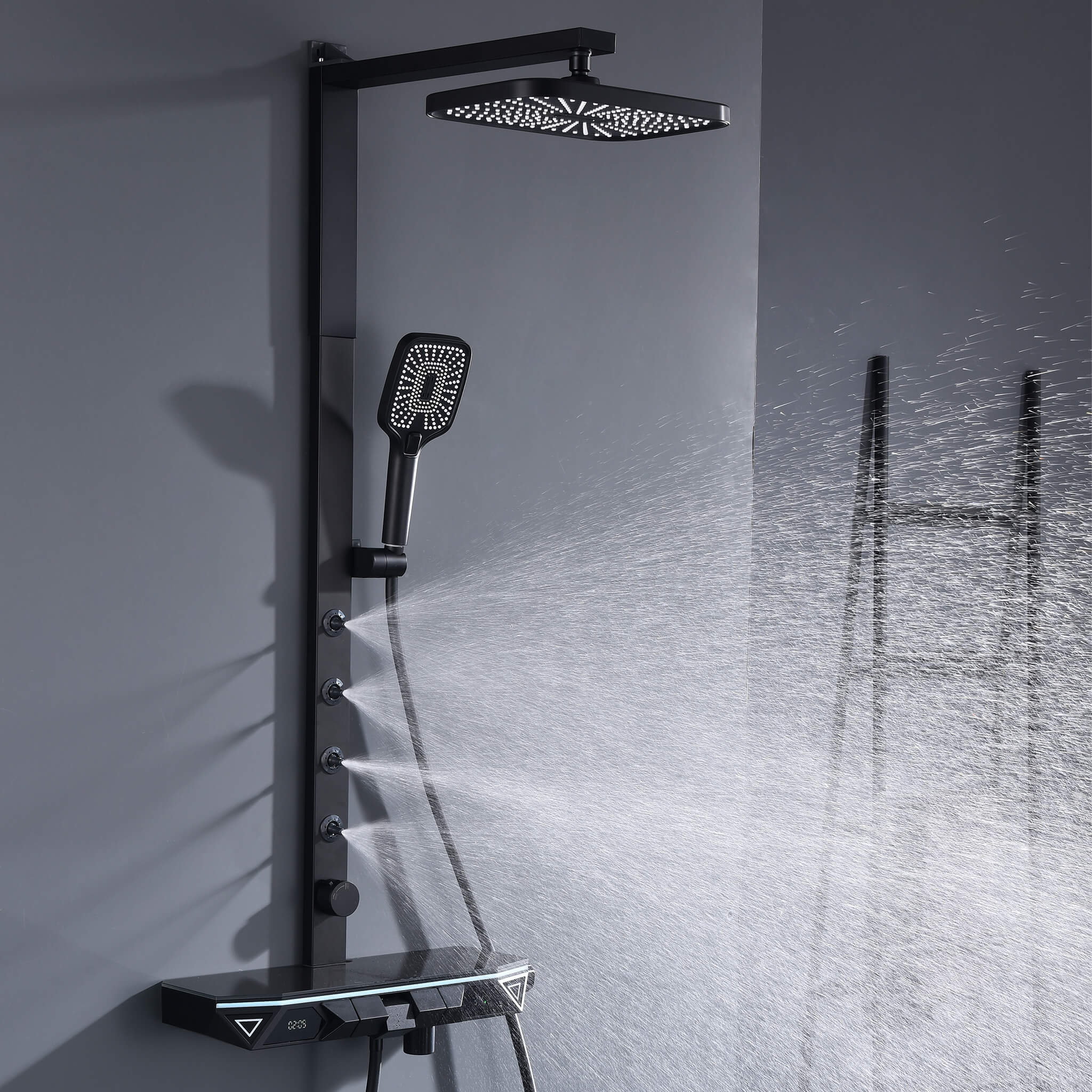 Homelody 38 ℃ Sistema de ducha termostática con pantalla digital y plato de almacenamiento con mezclador de baño para y rociador giratorio de 360°, luz ambiental