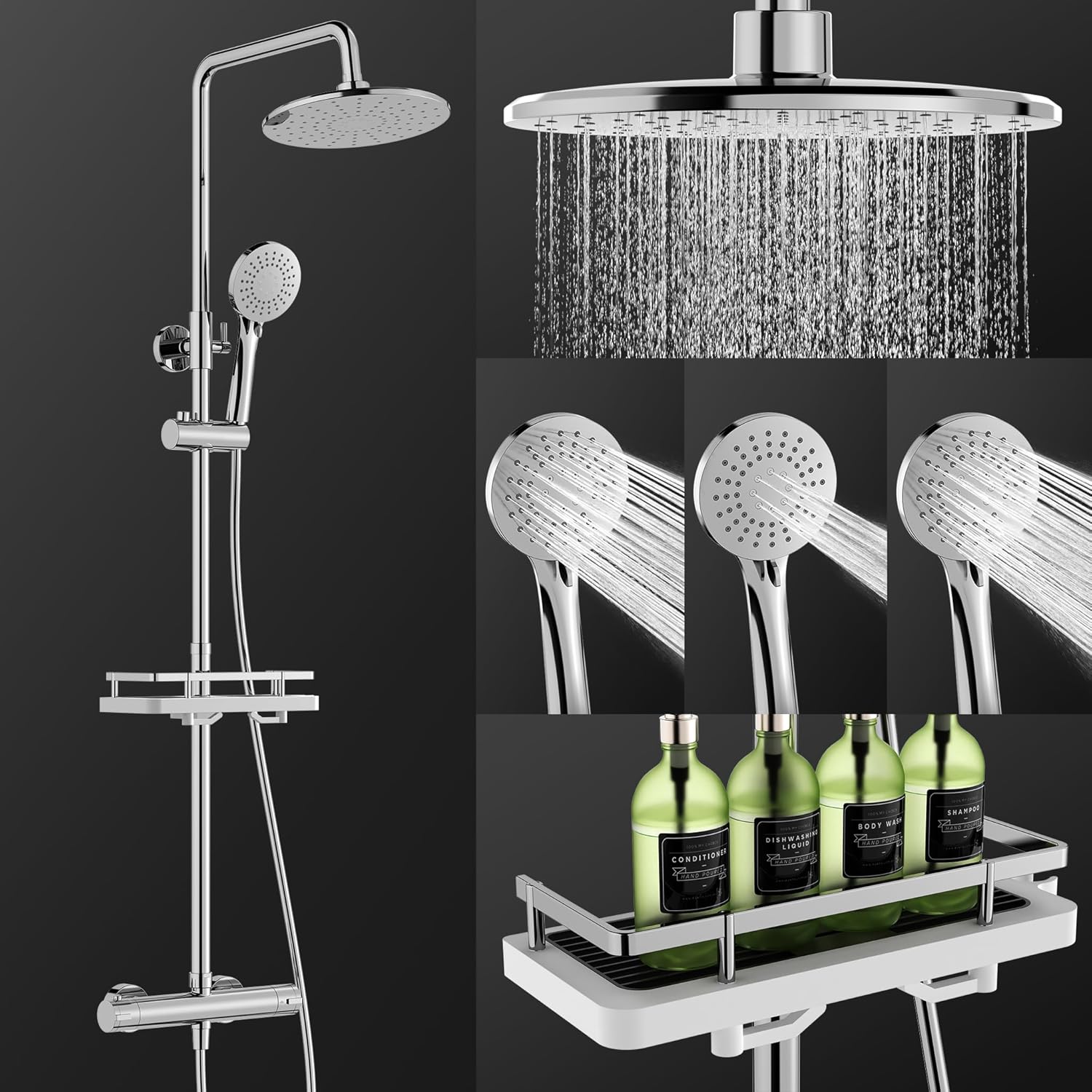 HOMELODY Sistema de ducha con termostato, cromado, juego completo redondo