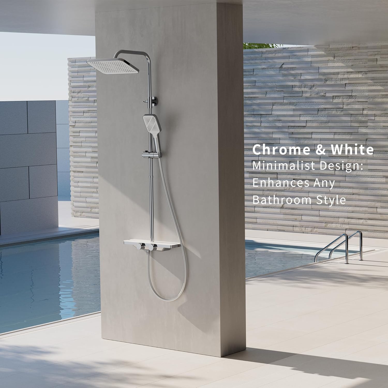 HOMELODY Sistema de ducha con termostato y estante de cristal, juego completo de grifo de ducha de 30 cm, 3 tipos de chorro y caño inferior