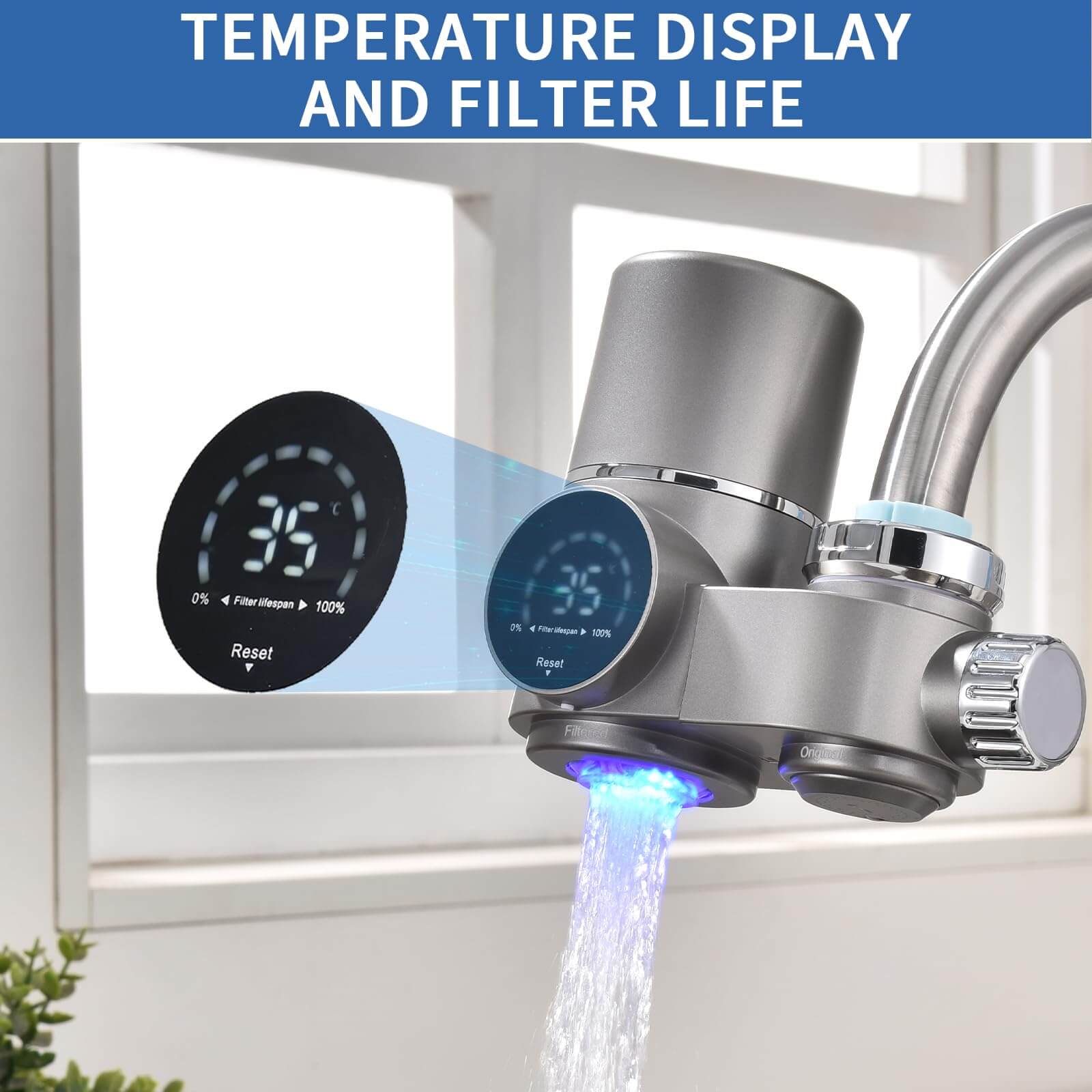 HOMELODY Filtro de agua para grifo con pantalla LED para fregadero, purificador de agua con carbón activado para baño, cocina