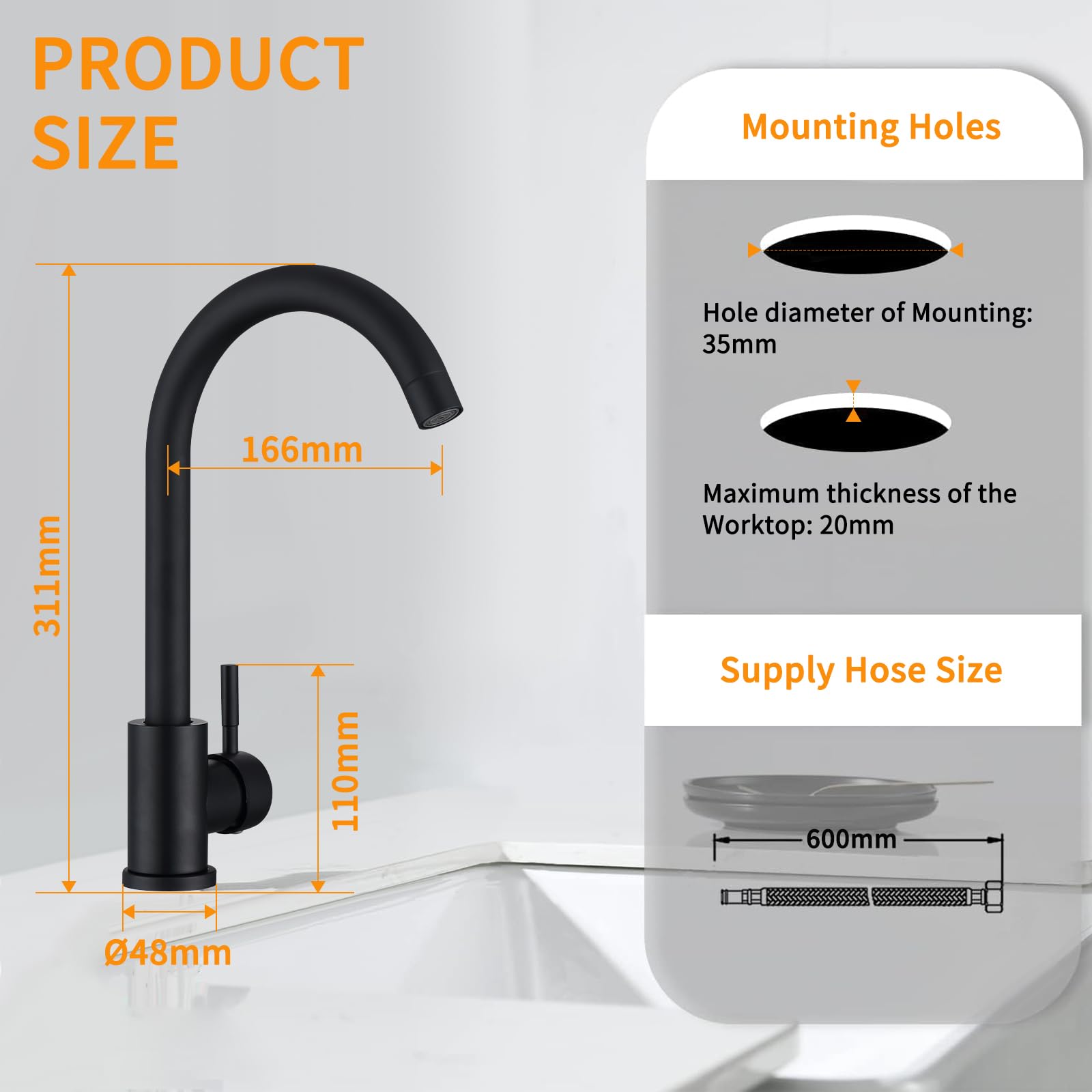 HOMELODY Grifo de Cocina Negro Grifo para fregadero Rotación de 360 360° Acero Inox Grifo fregadero cocina Monomando Con Aireador Extraíble, Regulable en Frío y Calor