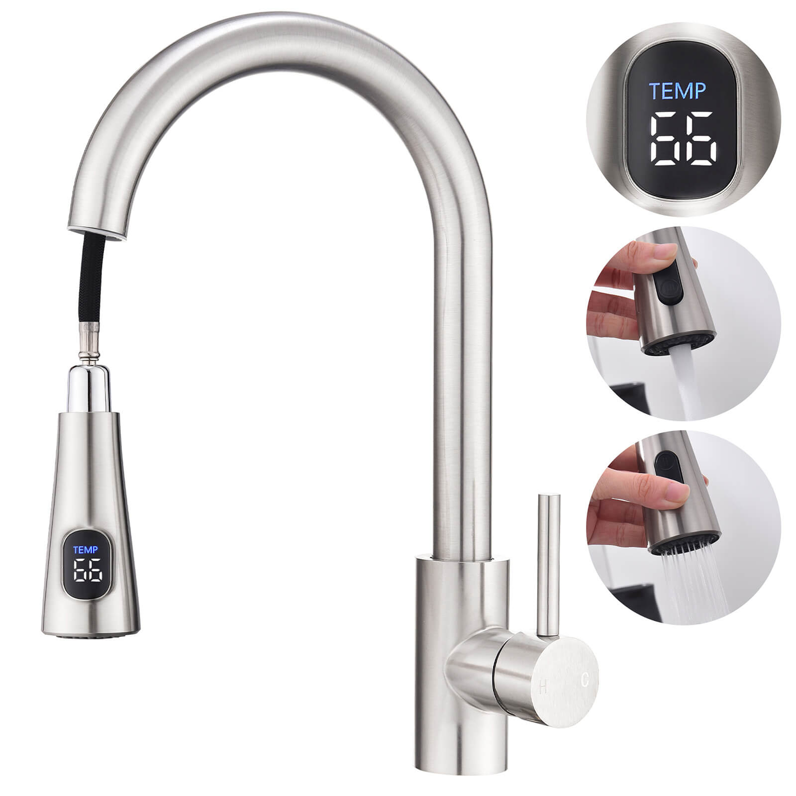 Grifo de cocina Homelody con 2 tipos de chorro, grifo de cocina giratorio 360°, mezclador de fregadero de acero inoxidable, grifo mezclador de alta presión, grifo mezclador de cocina mate cepillado