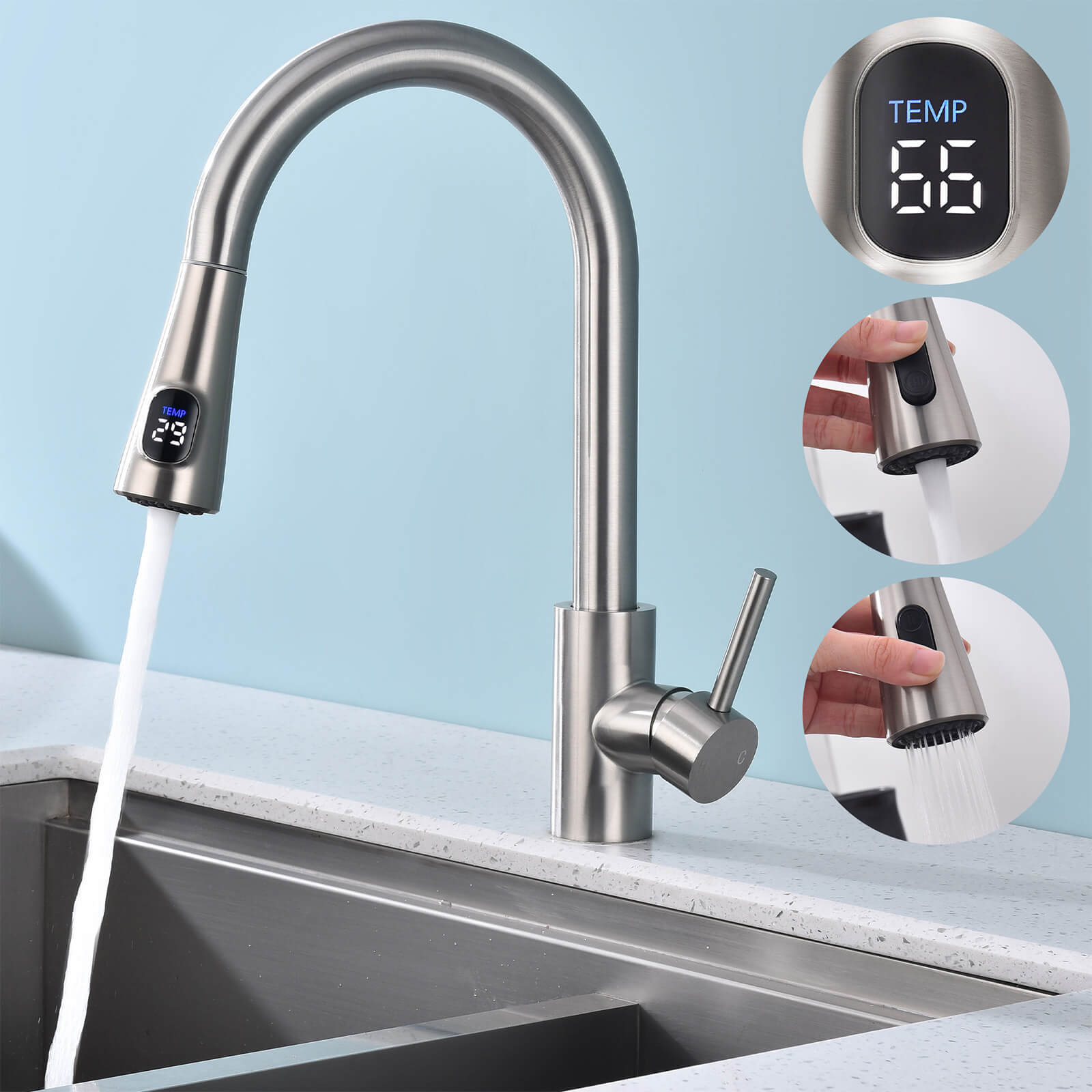 Grifo de cocina Homelody con 2 tipos de chorro, grifo de cocina giratorio 360°, mezclador de fregadero de acero inoxidable, grifo mezclador de alta presión, grifo mezclador de cocina mate cepillado
