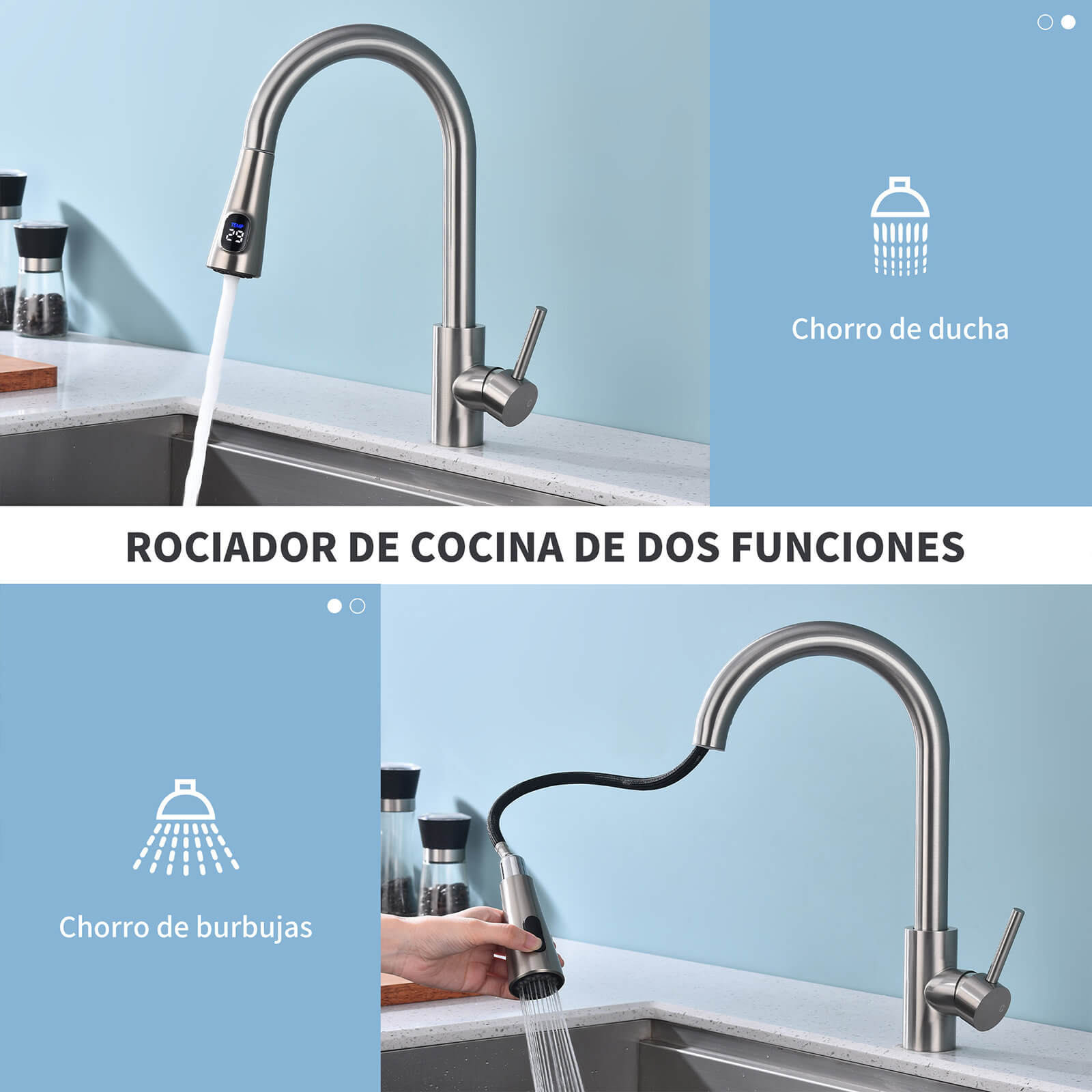 Grifo de cocina Homelody con 2 tipos de chorro, grifo de cocina giratorio 360°, mezclador de fregadero de acero inoxidable, grifo mezclador de alta presión, grifo mezclador de cocina mate cepillado