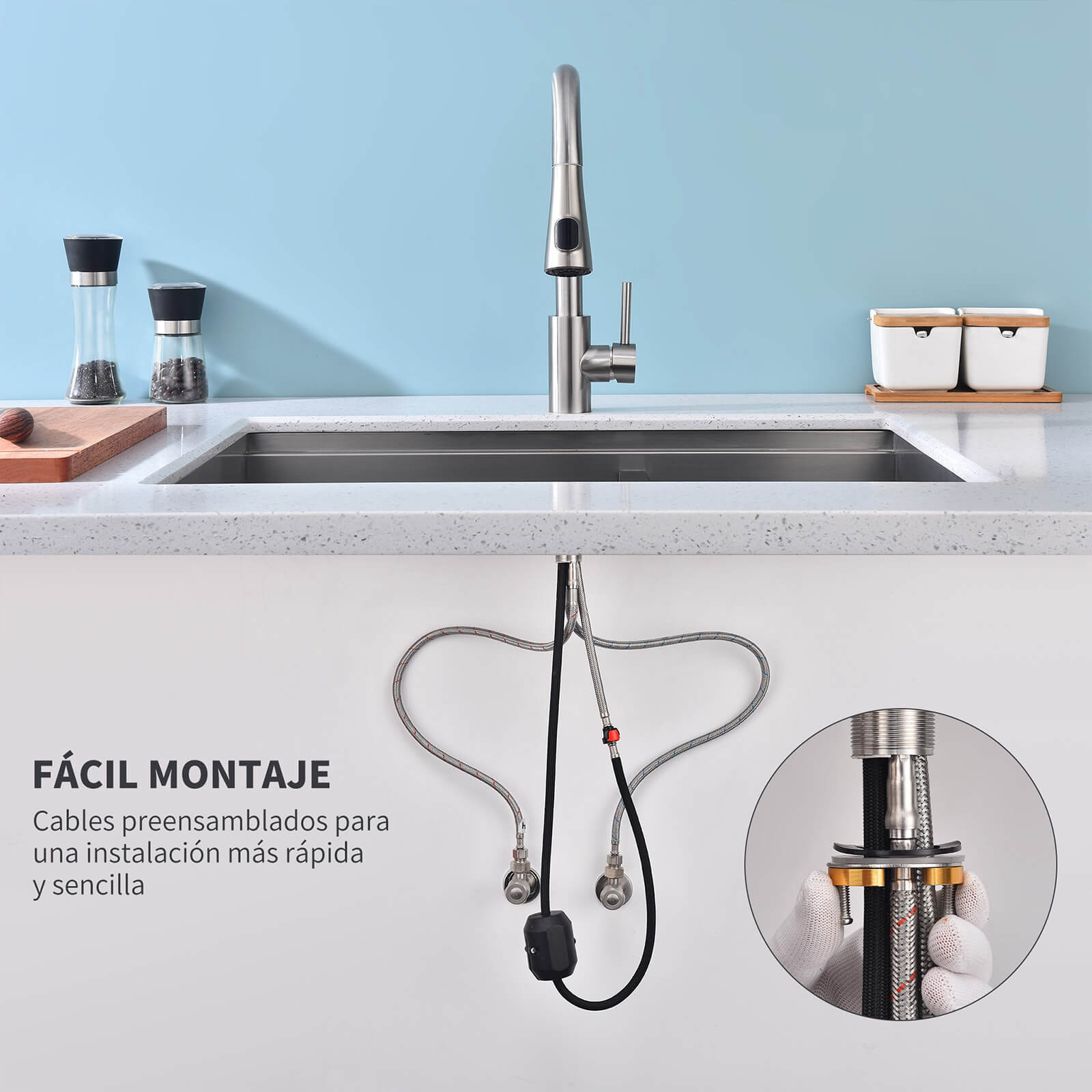 Grifo de cocina Homelody con 2 tipos de chorro, grifo de cocina giratorio 360°, mezclador de fregadero de acero inoxidable, grifo mezclador de alta presión, grifo mezclador de cocina mate cepillado