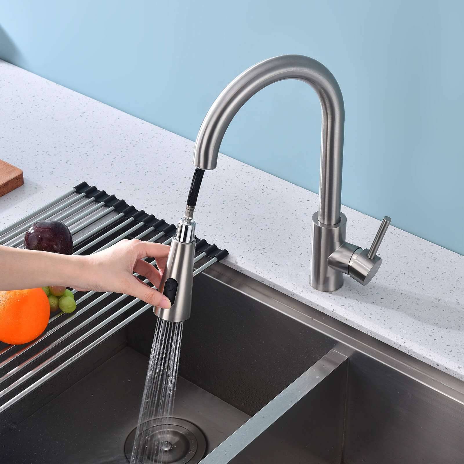 Grifo de cocina Homelody con 2 tipos de chorro, grifo de cocina giratorio 360°, mezclador de fregadero de acero inoxidable, grifo mezclador de alta presión, grifo mezclador de cocina mate cepillado
