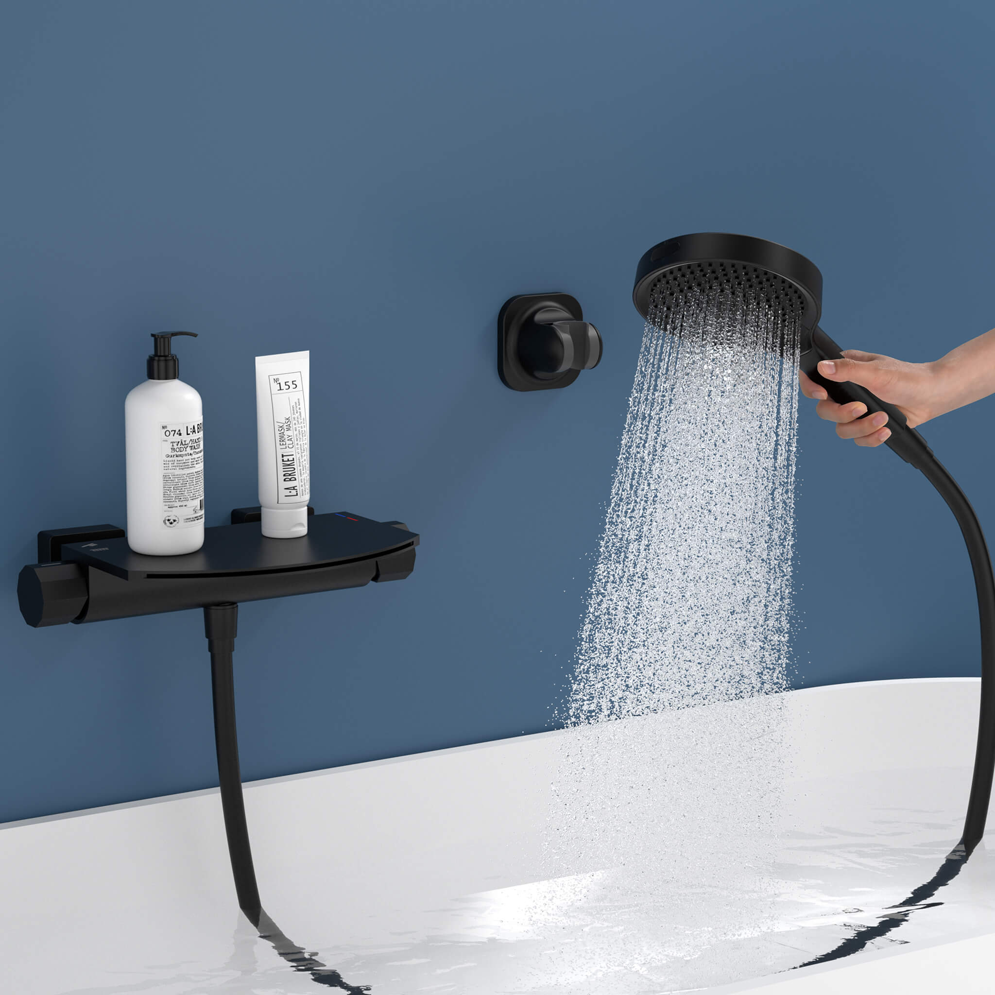 HOMELODY Grifo de Bañera Cascada Nero con Ducha de mano de 4 funciones Cascada Griferia Ducha en Pared