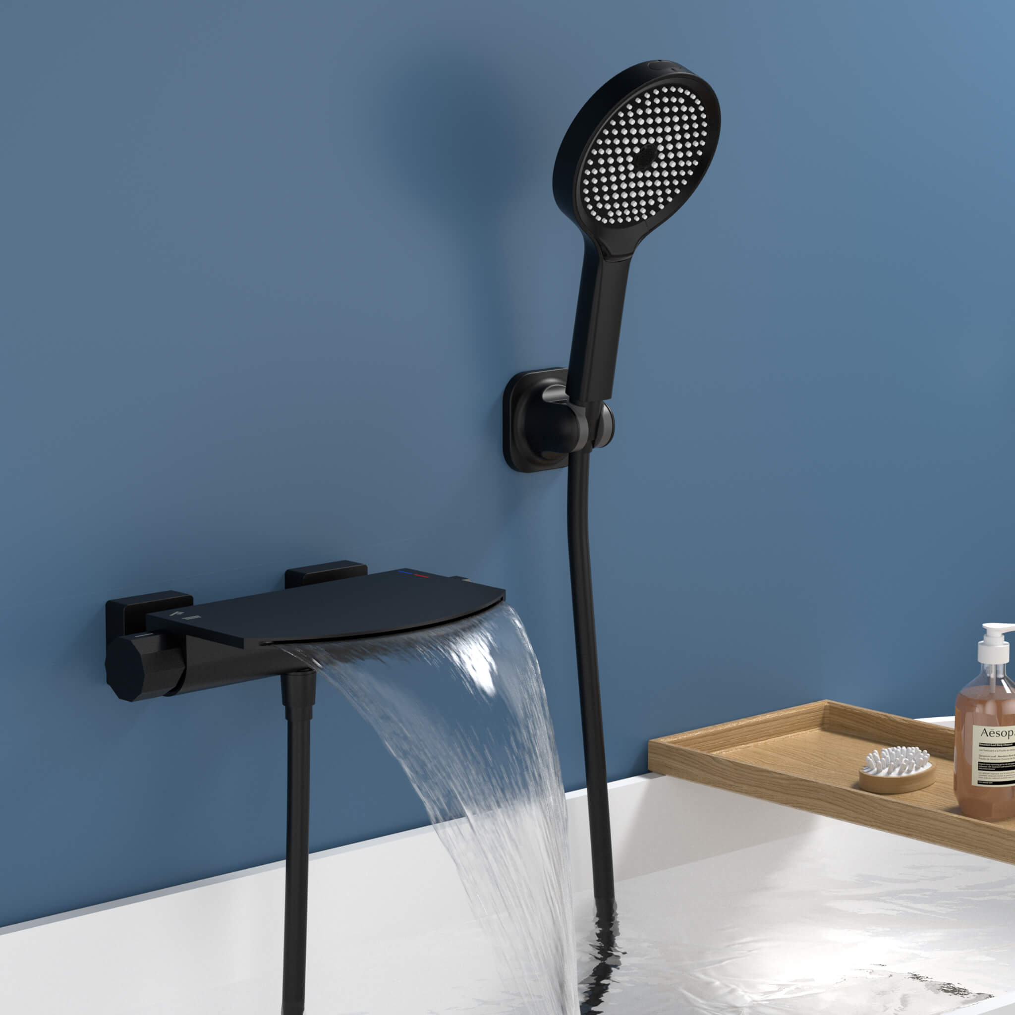 HOMELODY Grifo de Bañera Cascada Nero con Ducha de mano de 4 funciones Cascada Griferia Ducha en Pared