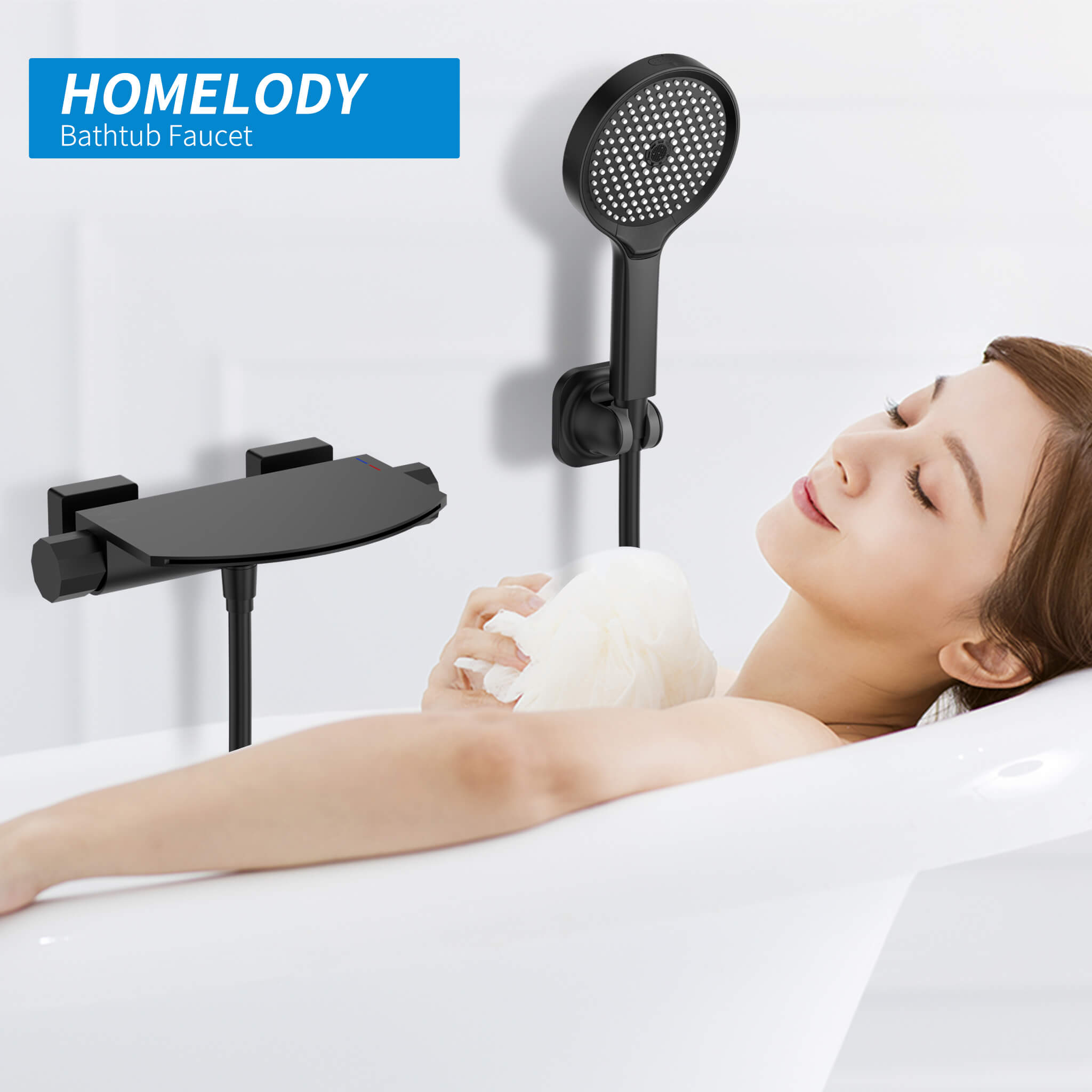 HOMELODY Grifo de Bañera Cascada Nero con Ducha de mano de 4 funciones Cascada Griferia Ducha en Pared