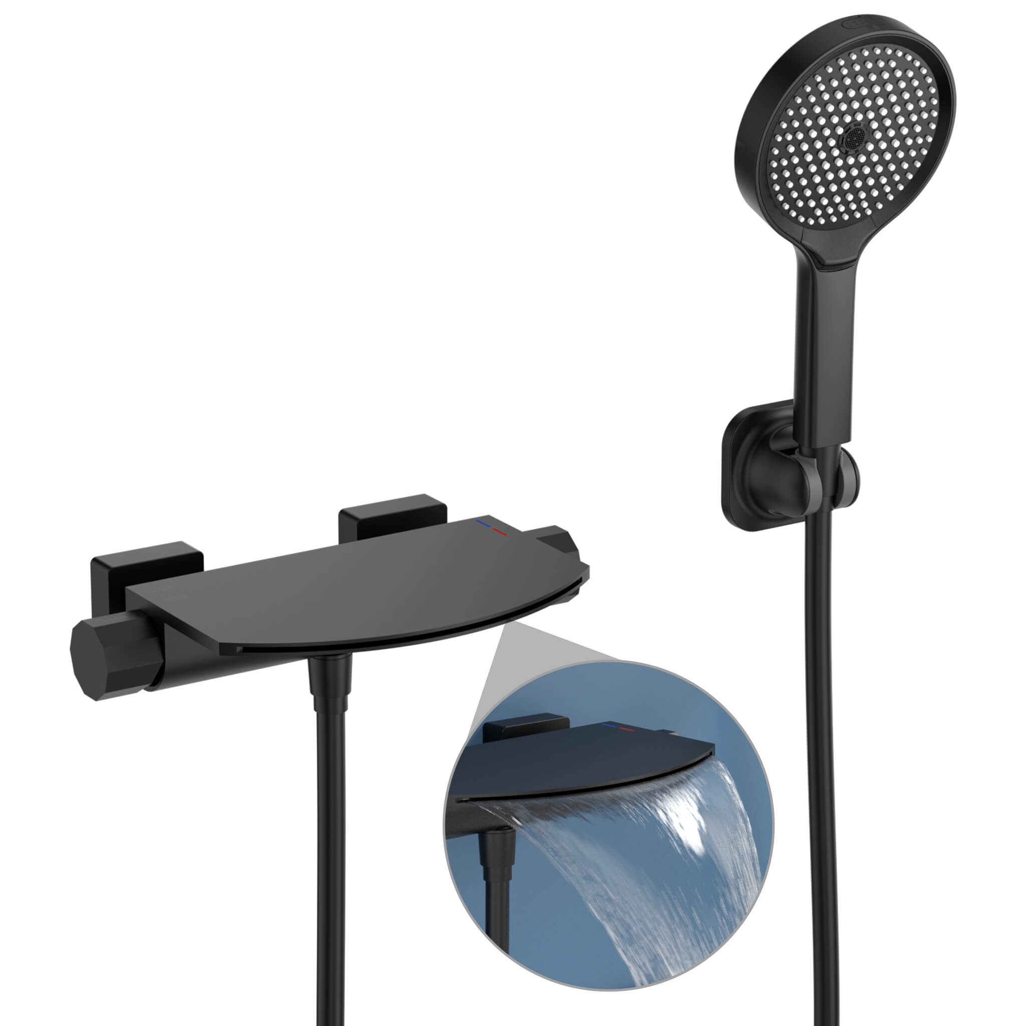 HOMELODY Grifo de Bañera Cascada Nero con Ducha de mano de 4 funciones Cascada Griferia Ducha en Pared