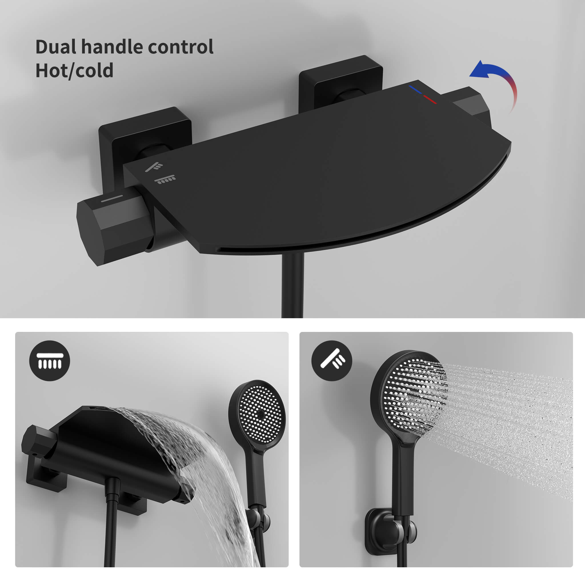 HOMELODY Grifo de Bañera Cascada Nero con Ducha de mano de 4 funciones Cascada Griferia Ducha en Pared