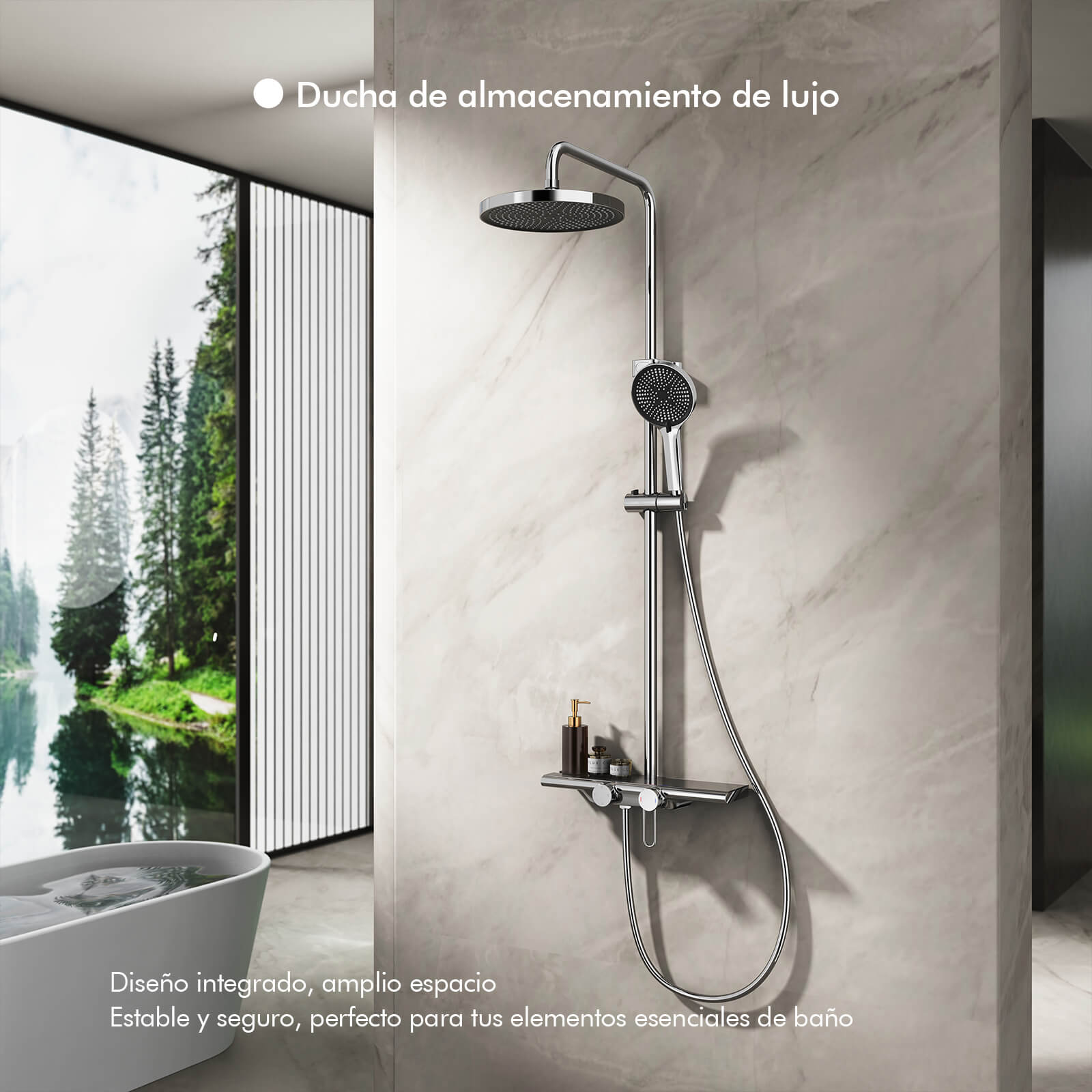 HOMELODY Sistema de ducha con grifo y estante de cristal cromado, juego completo con 5 tipos de chorro, ducha de lluvia y caño inferior, set de ducha para baño doméstico