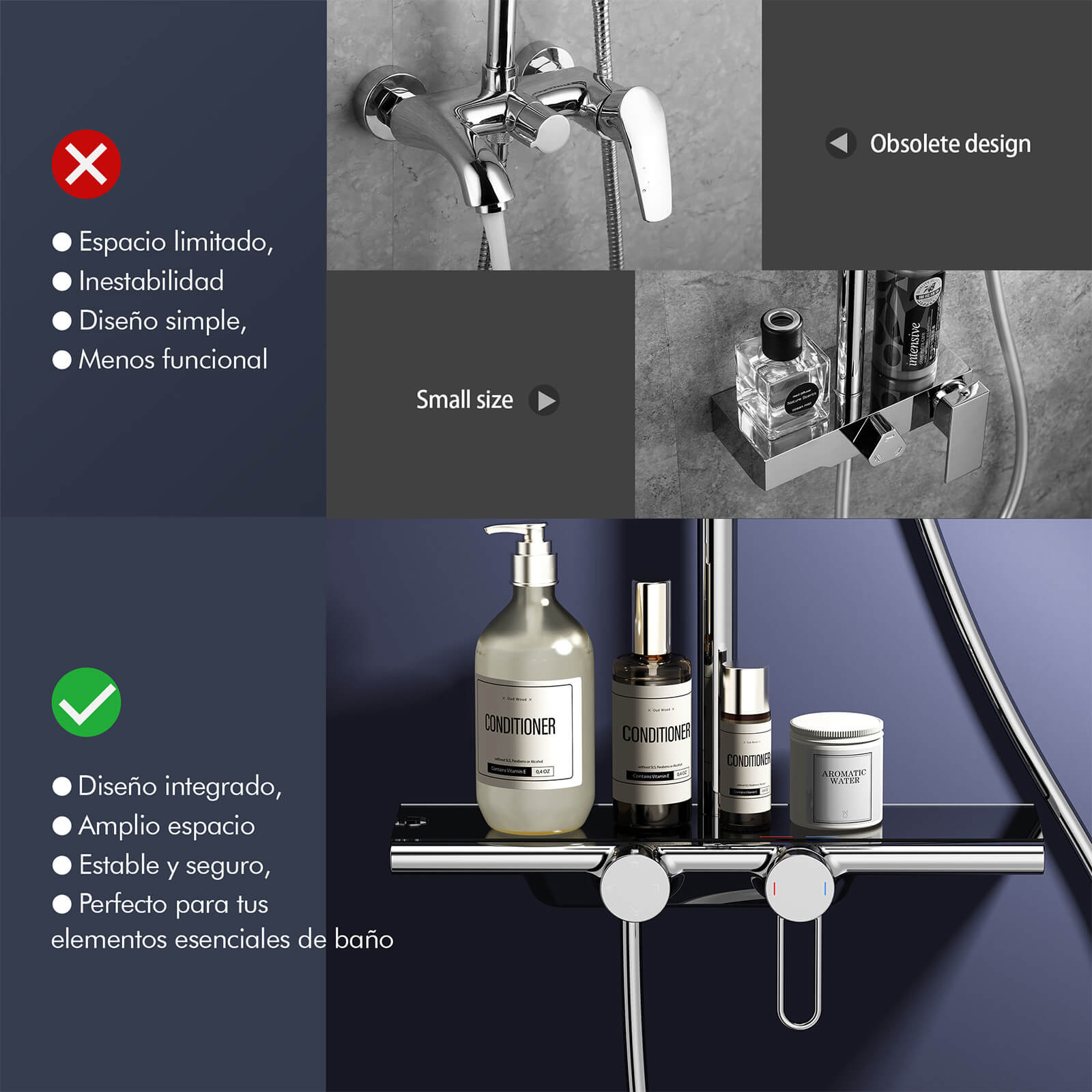 HOMELODY Sistema de ducha con grifo y estante de cristal cromado, juego completo con 5 tipos de chorro, ducha de lluvia y caño inferior, set de ducha para baño doméstico