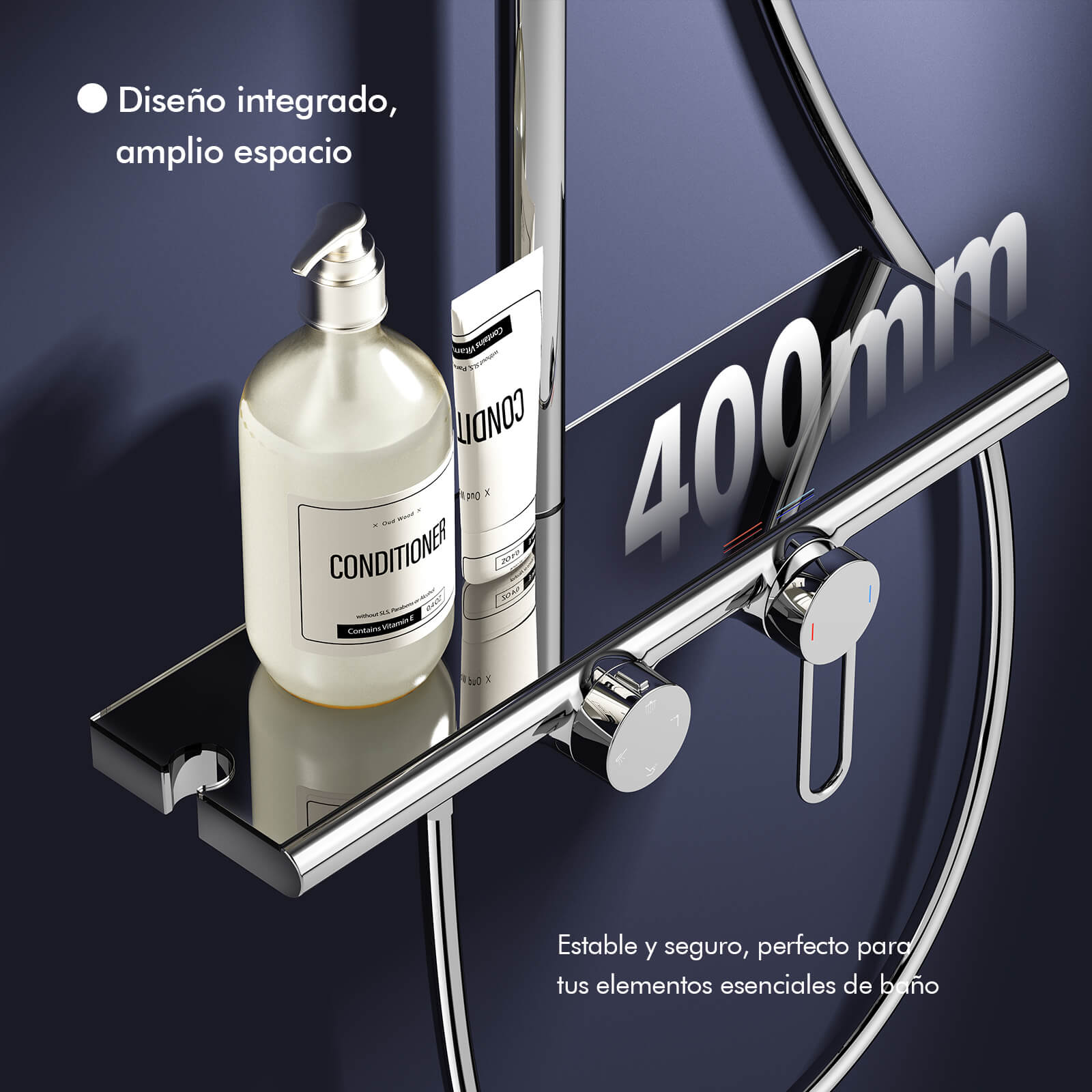 HOMELODY Sistema de ducha con grifo y estante de cristal cromado, juego completo con 5 tipos de chorro, ducha de lluvia y caño inferior, set de ducha para baño doméstico