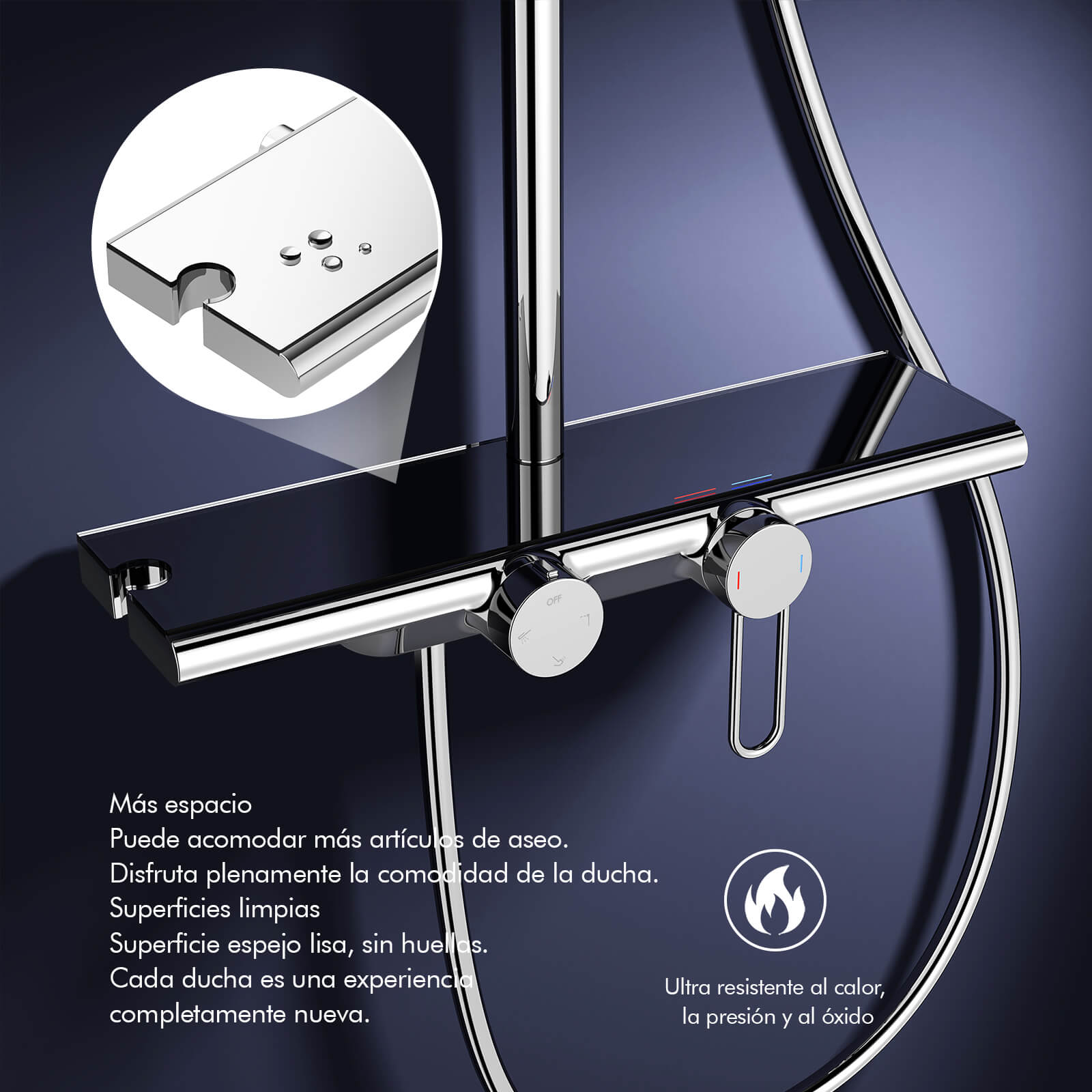 HOMELODY Sistema de ducha con grifo y estante de cristal cromado, juego completo con 5 tipos de chorro, ducha de lluvia y caño inferior, set de ducha para baño doméstico