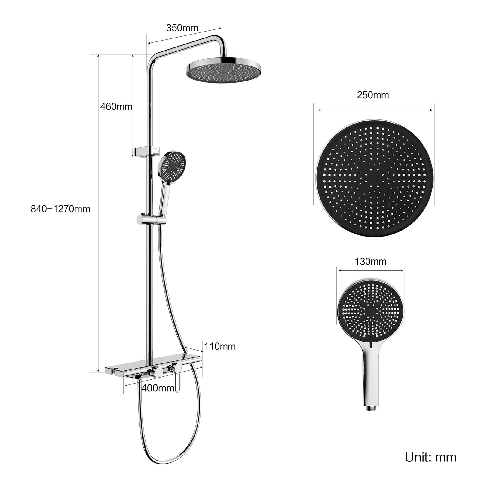 HOMELODY Sistema de ducha con grifo y estante de cristal cromado, juego completo con 5 tipos de chorro, ducha de lluvia y caño inferior, set de ducha para baño doméstico