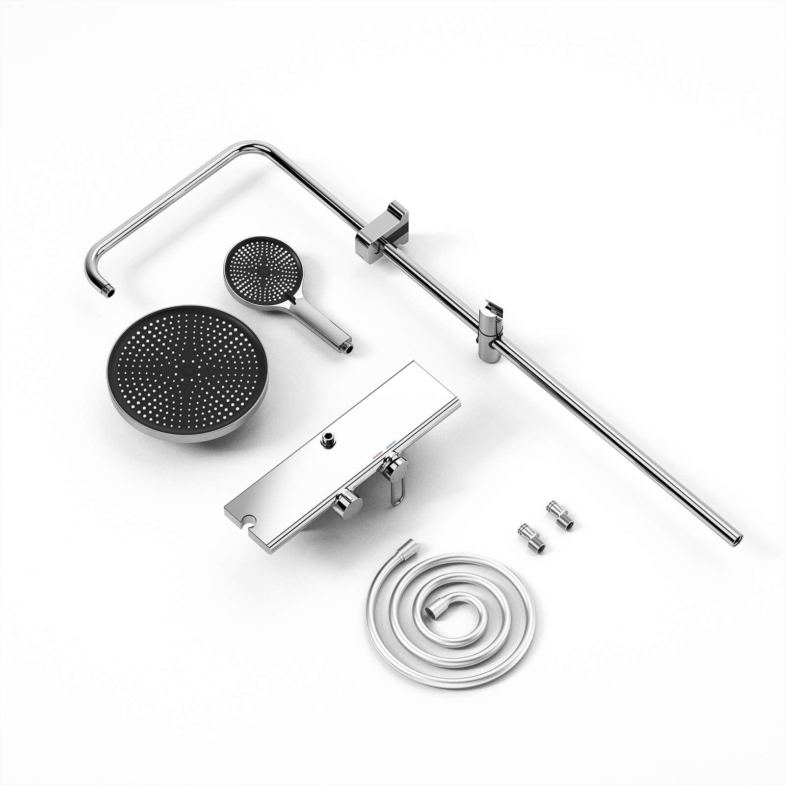 HOMELODY Sistema de ducha con grifo y estante de cristal cromado, juego completo con 5 tipos de chorro, ducha de lluvia y caño inferior, set de ducha para baño doméstico