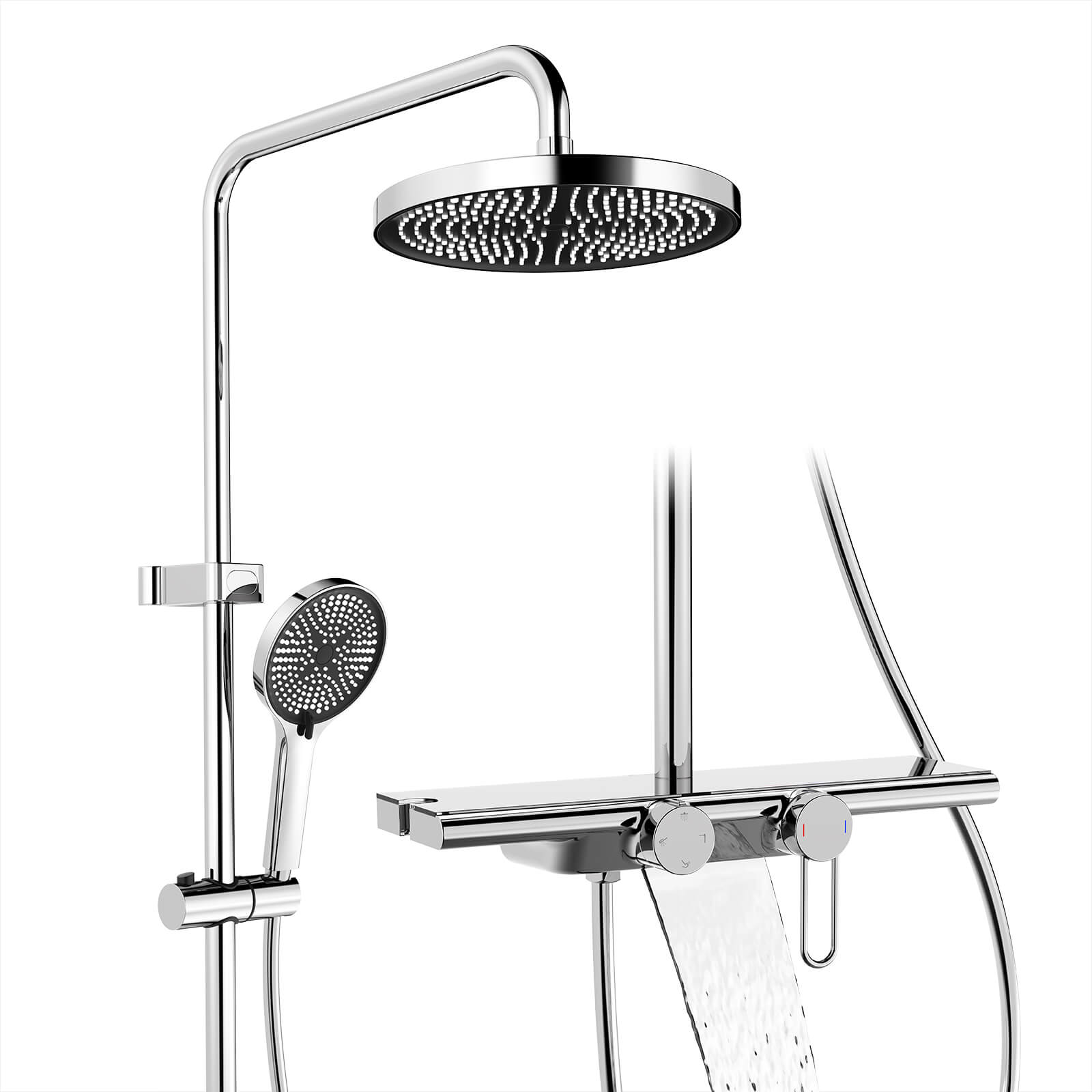 HOMELODY Sistema de ducha con grifo y estante de cristal cromado, juego completo con 5 tipos de chorro, ducha de lluvia y caño inferior, set de ducha para baño doméstico
