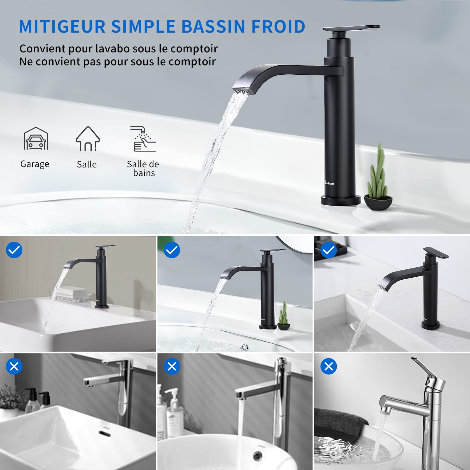 AiHom Grifo Lavabo solo agua fria Grifo baño Cascada Grifos