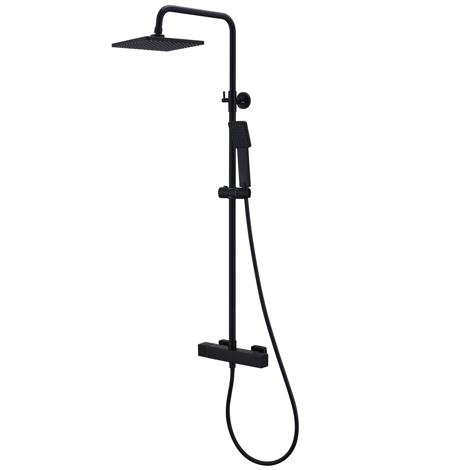 HOMELODY Sistema de ducha con termostato, color negro, grifo de ducha de acero inoxidable con grifo, juego completo de 2 cabezales de ducha con bloqueo de seguridad a 38 °C, color negro