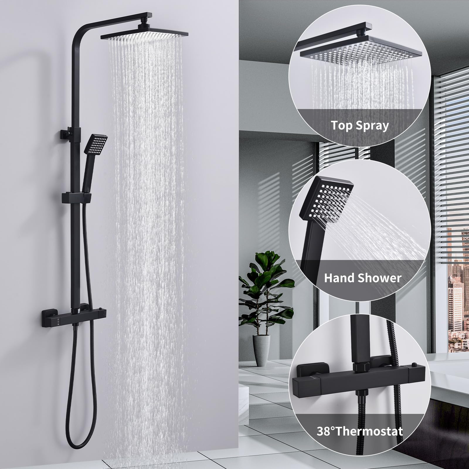 Homelody Moderno Baño Sistemas de Ducha Termostato Cabezal Superior Cuadrado de Lluvia Set de Ducha