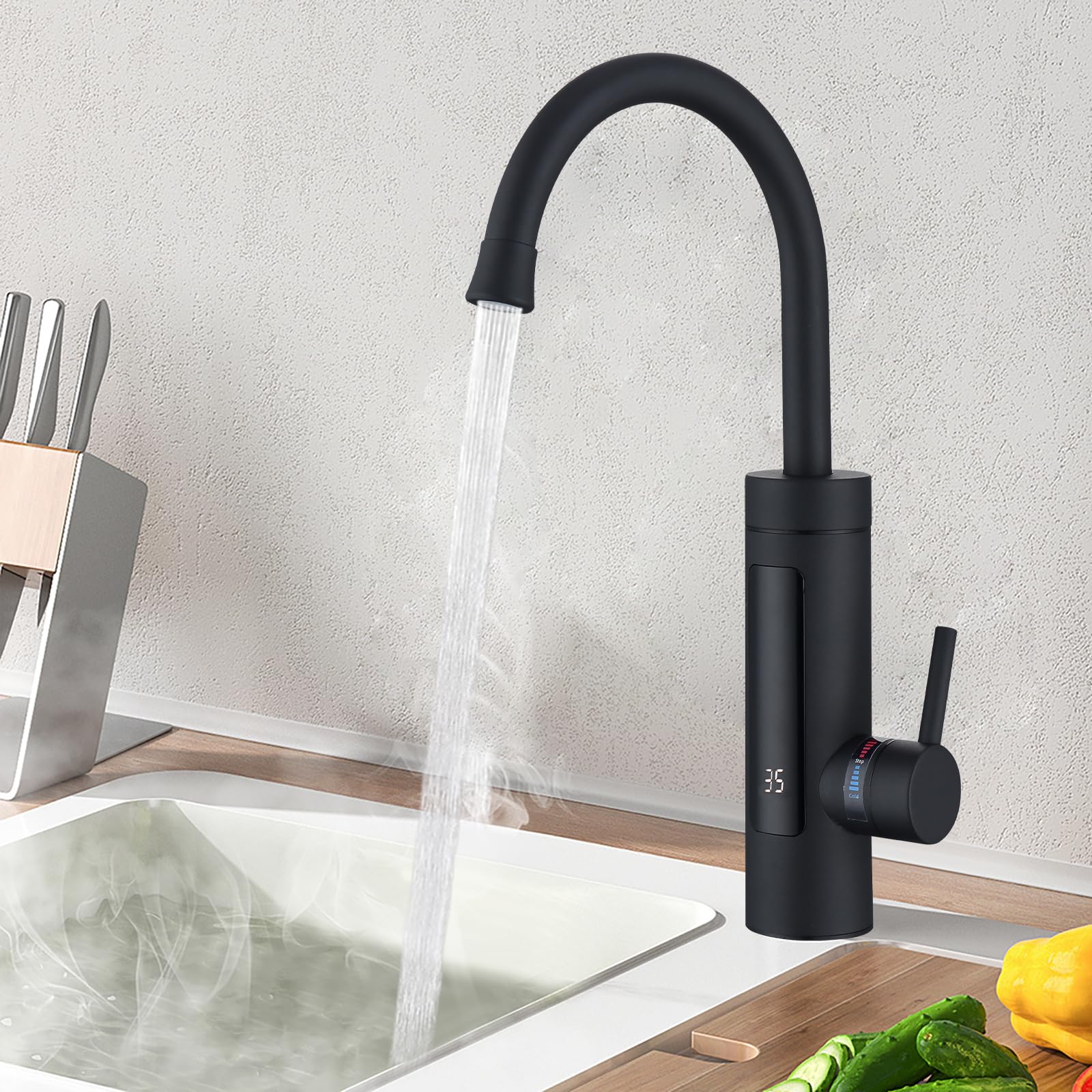 HOMELODY Grifo eléctrico con calentador de agua 230V, Grifo de cocina con calentador de agua LED Grifo eléctrico de acero inoxidable [Clase de eficiencia energética C]